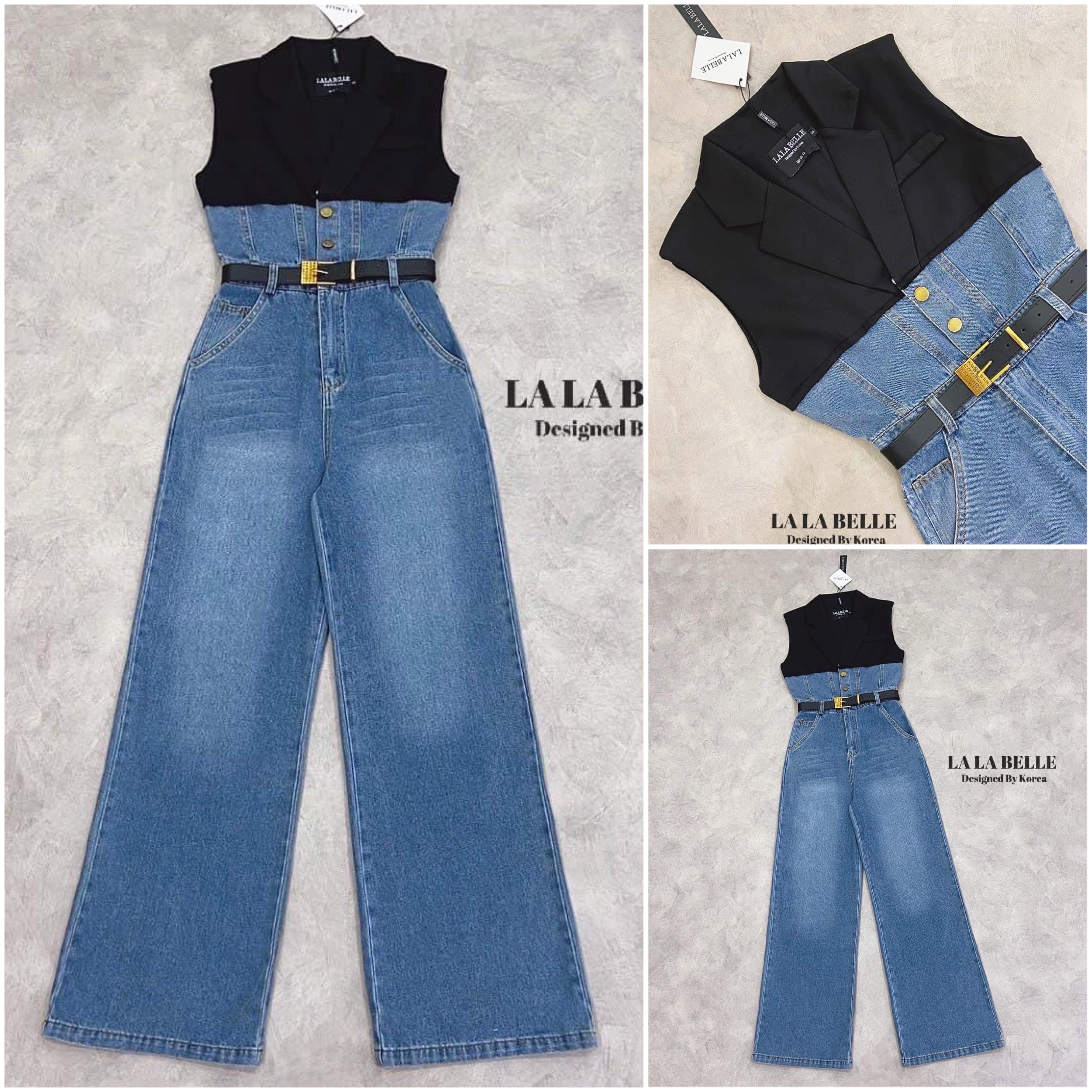 จั้มสูทยีนส์ฟอกอย่างดี ทรงสูทแขนกุด บ่าเสริมฟองน้ำช่วงบนเป็นผ้าสูทสีดำอย่างดีกระดุม หน้าเอวเข้ารูปกางเกงขายาวทรงสวยมีกระเป๋ากางเกง ฟอกสีสวยทรงสวยมาก+เข็มขัด ใส่สบาย : สินค้าคุณภาพ (พร้อมส่ง)