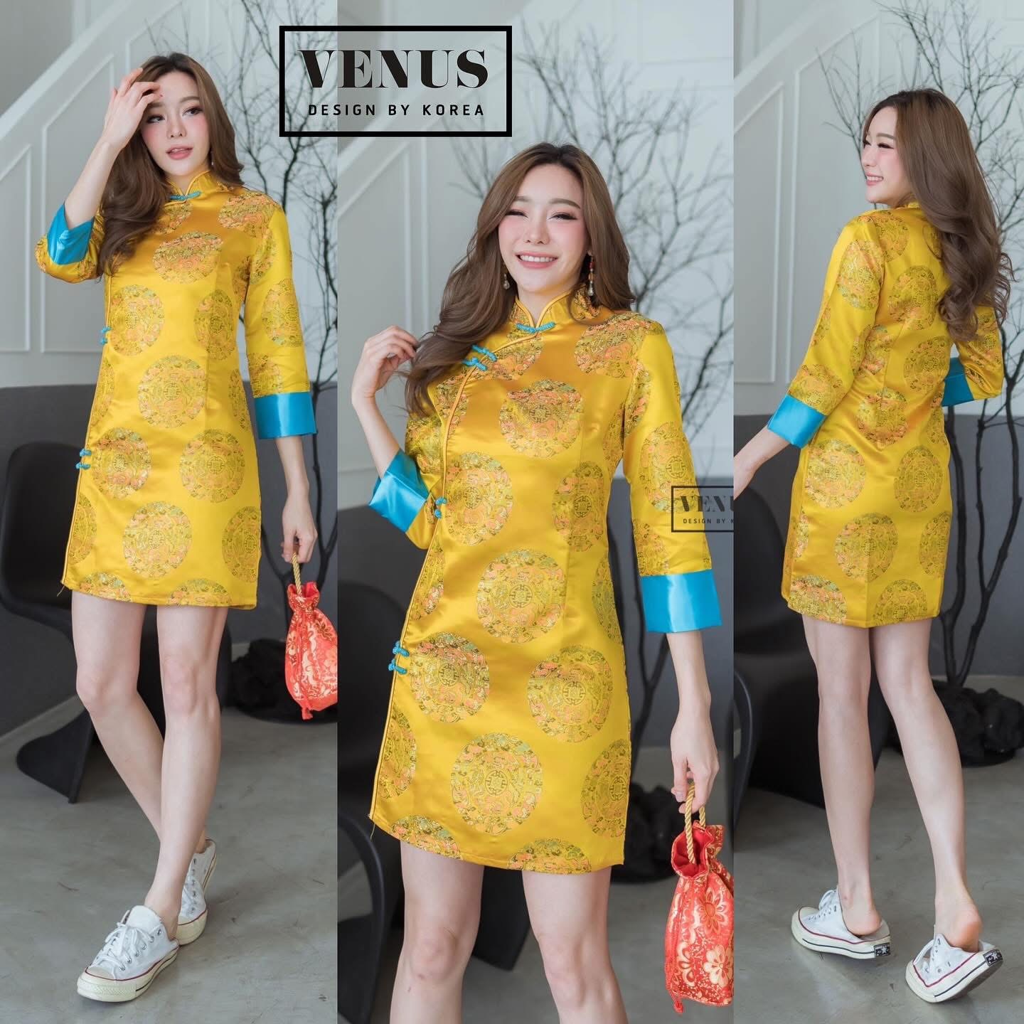 กี่เพ้าเดรสสั้น พิมพ์ลายมงคล งานสวยนะคะ แขนยาวคะ งานเข้ารูป ใส่สบาย : สินค้าคุณภาพ (พร้อมส่ง)