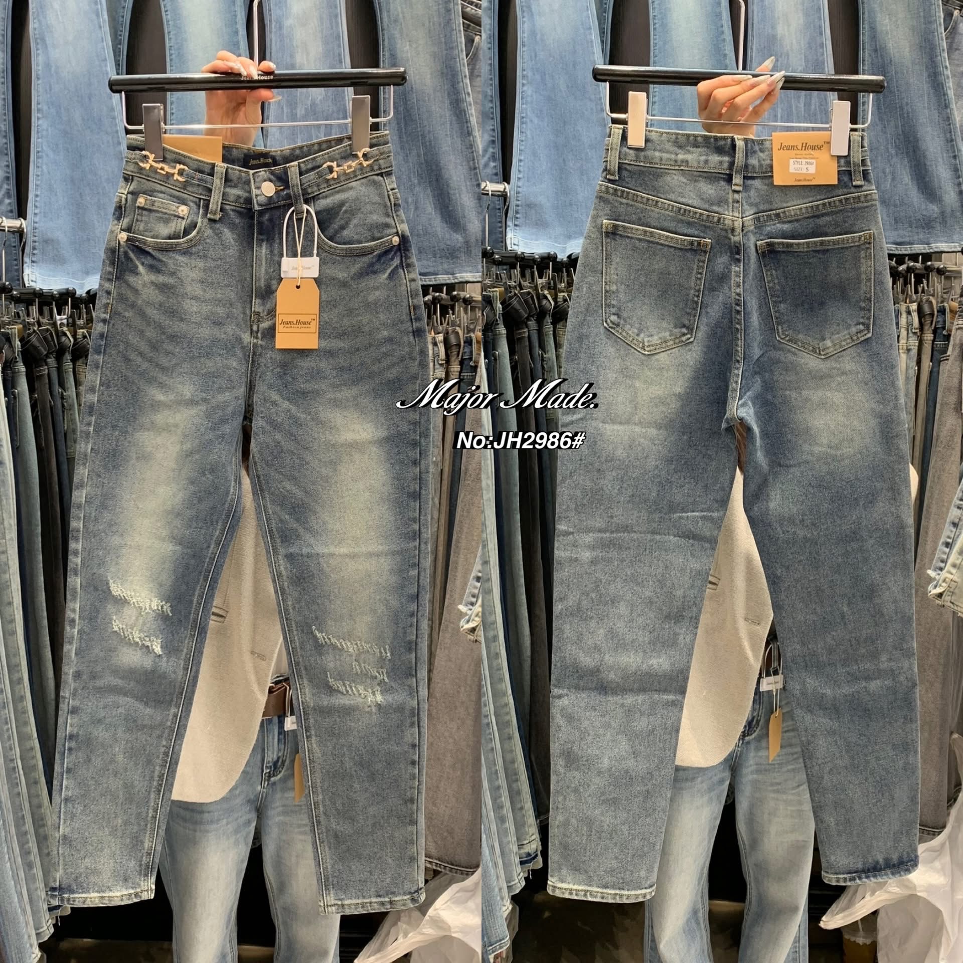 กางเกงยีนส์ทรงบอย(ผ้ายืด) ทรงเอวสูงงงง ช่วงเอวเพิ่มลูกเล่นตรงขอบกางเกง ดูมีสไตล์สุดๆ ใส่สบาย : สินค้าคุณภาพ (พร้อมส่ง)