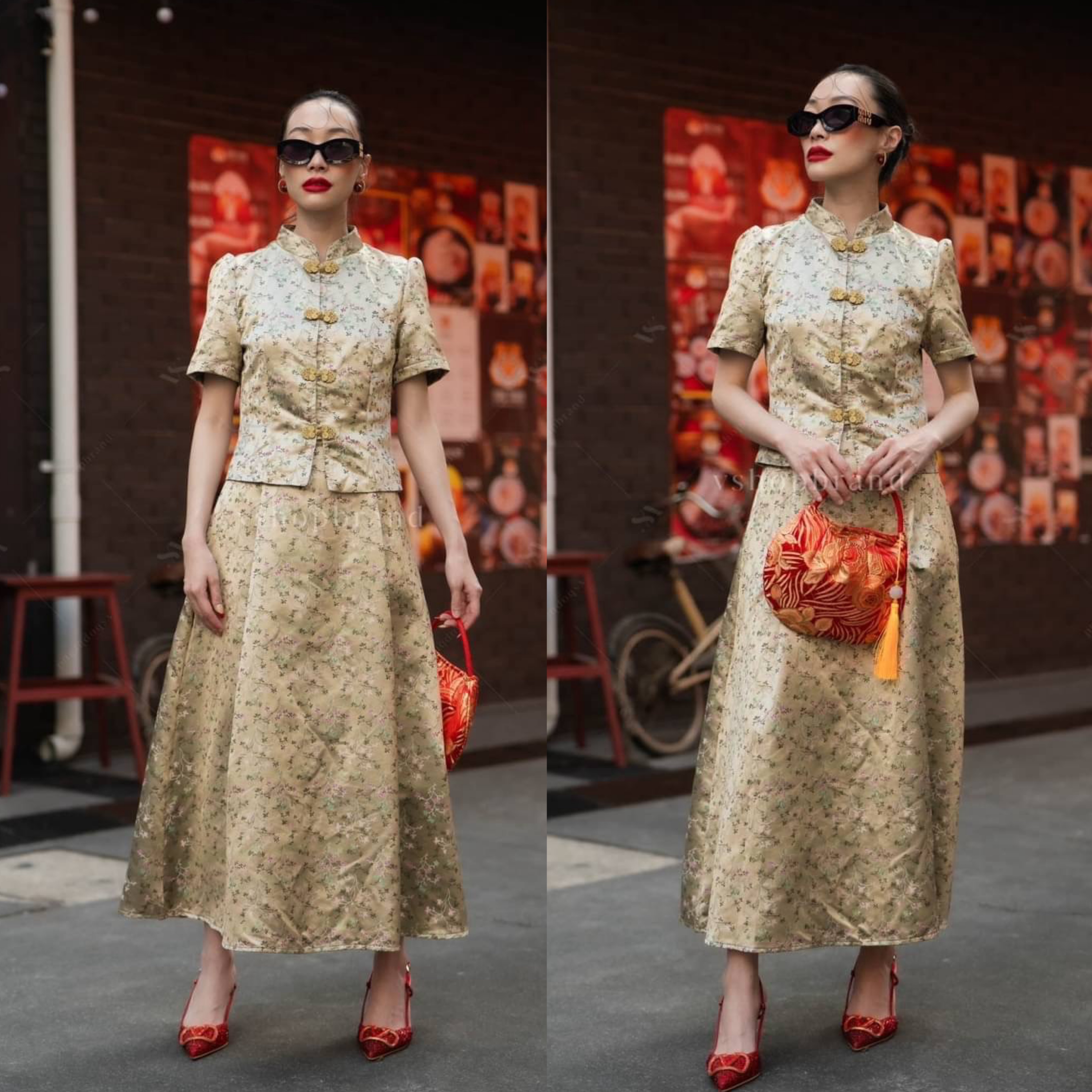 Set กี่เพ้า เสื้อกระดุมหน้าลายดอกไม้เรื่อย + กระโปรงยาวจับจีบ ใส่สบาย : สินค้าคุณภาพ (พร้อมส่ง)