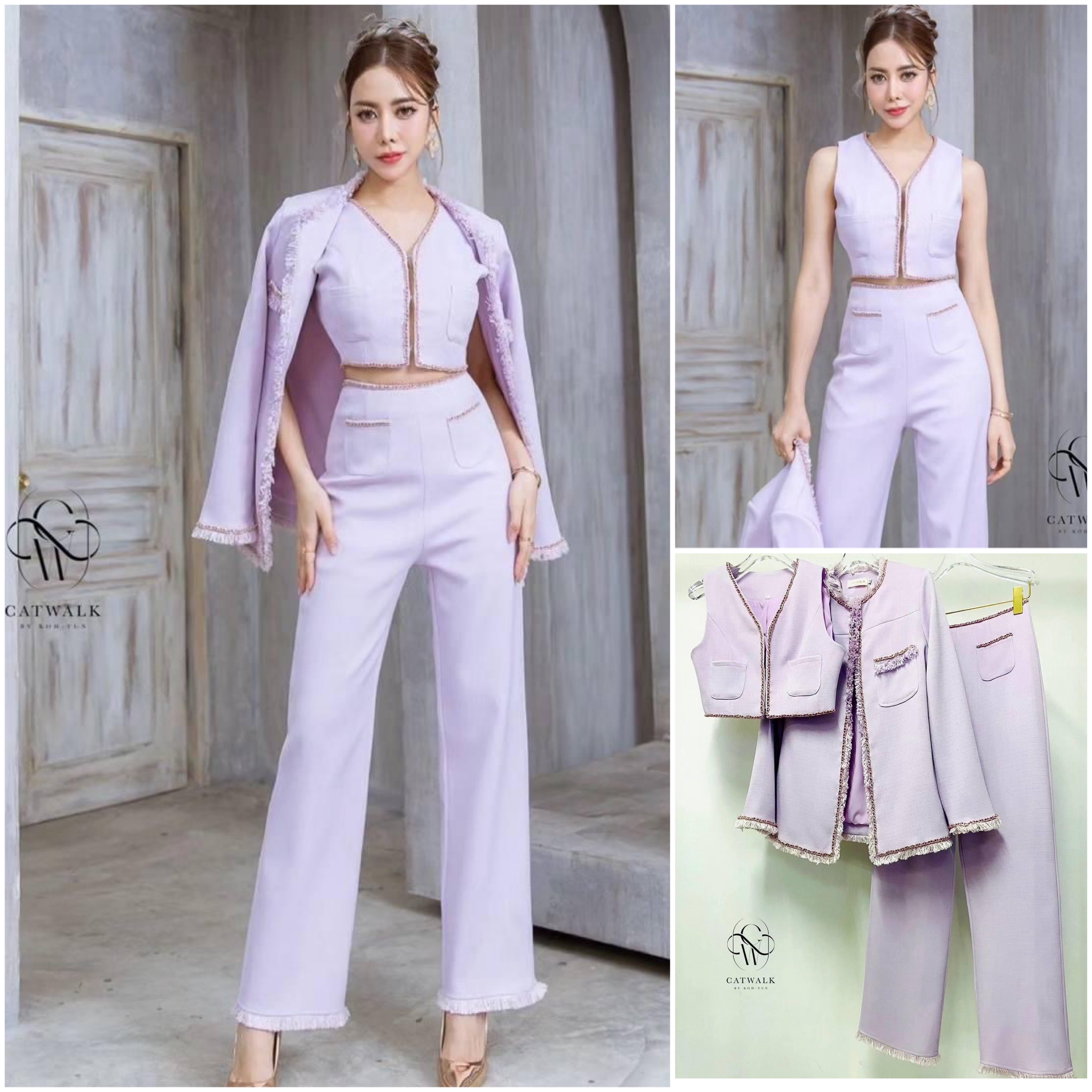 เซต 3 ชิ้น ผ้าทวิตเกรดA แต่งโซ่ทอง ตัวเสื้อกั๊กด้านในเป็นครอปคอวีแขนกุด แต่งขอบด้วยโซ่ทองร้อยริบบิ้นกำมะหยี่สี+เสื้อคลุมทรงกึ่งเข้ารูป+กางเกงเอวสูงทรงขากระบอก สินค้าคุณภาพ (พร้อมส่ง)