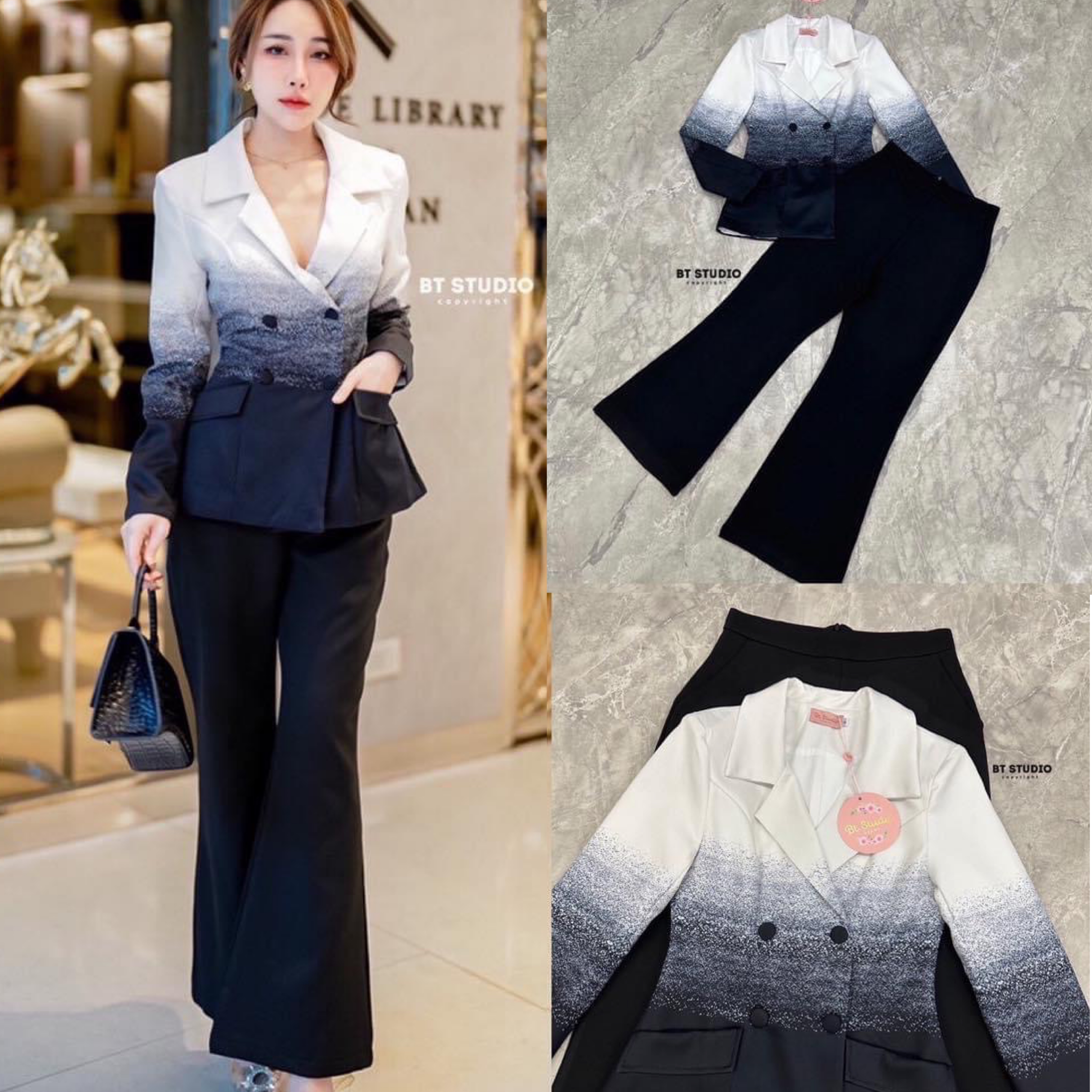 เซท 3 ชิ้น เสื้อเบเซอร์แขนยาวคอปกแต่งไล่สีจากสีพื้นไปอีกสี แต่งกระดุม 4 เม็ด แมทซ์กับกางเกงขายาวกระเป๋าใช้งานได้จริง งานสวยเนื้อผ้าดี มีซับใน สินค้าคุณภาพ (พร้อมส่ง)