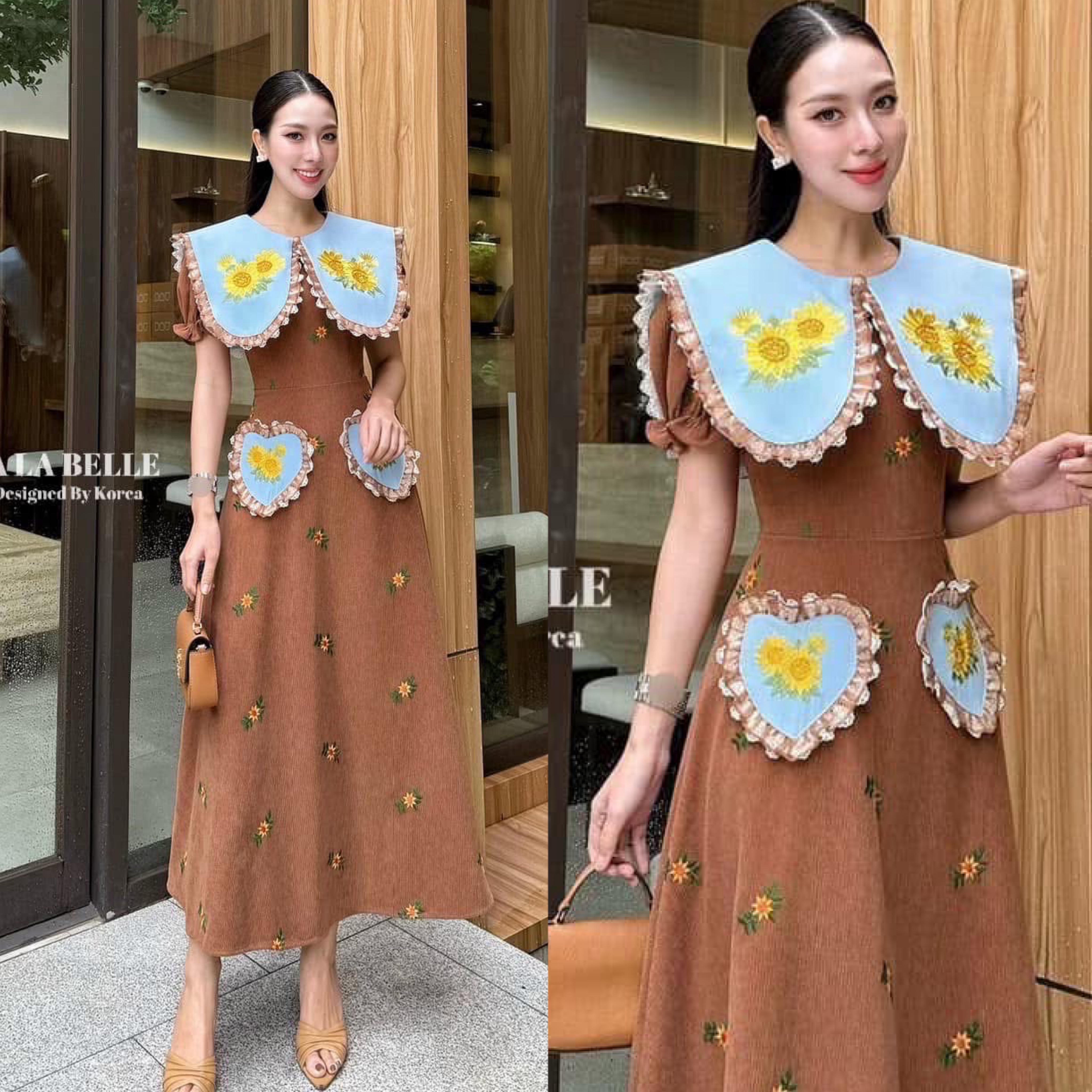 เดรสรุ่นฮอตรุ่นปังน่ารักสุดๆเป็นผ้าลูกฟูกอัดกาวปักลายดอกไม้ทั้งชุดคอปกใหญ่ปกลายดอกไม้แต่งขอบปก2ชั้นผ้าแก้วจับจีบรองด้วยผ้าลูกไม้สีขาวเอวเข้ารูปกระโปรงบานใช้ผ้าเยอะ ใส่สบาย : สินค้าคุณภาพ (พร้อมส่ง)