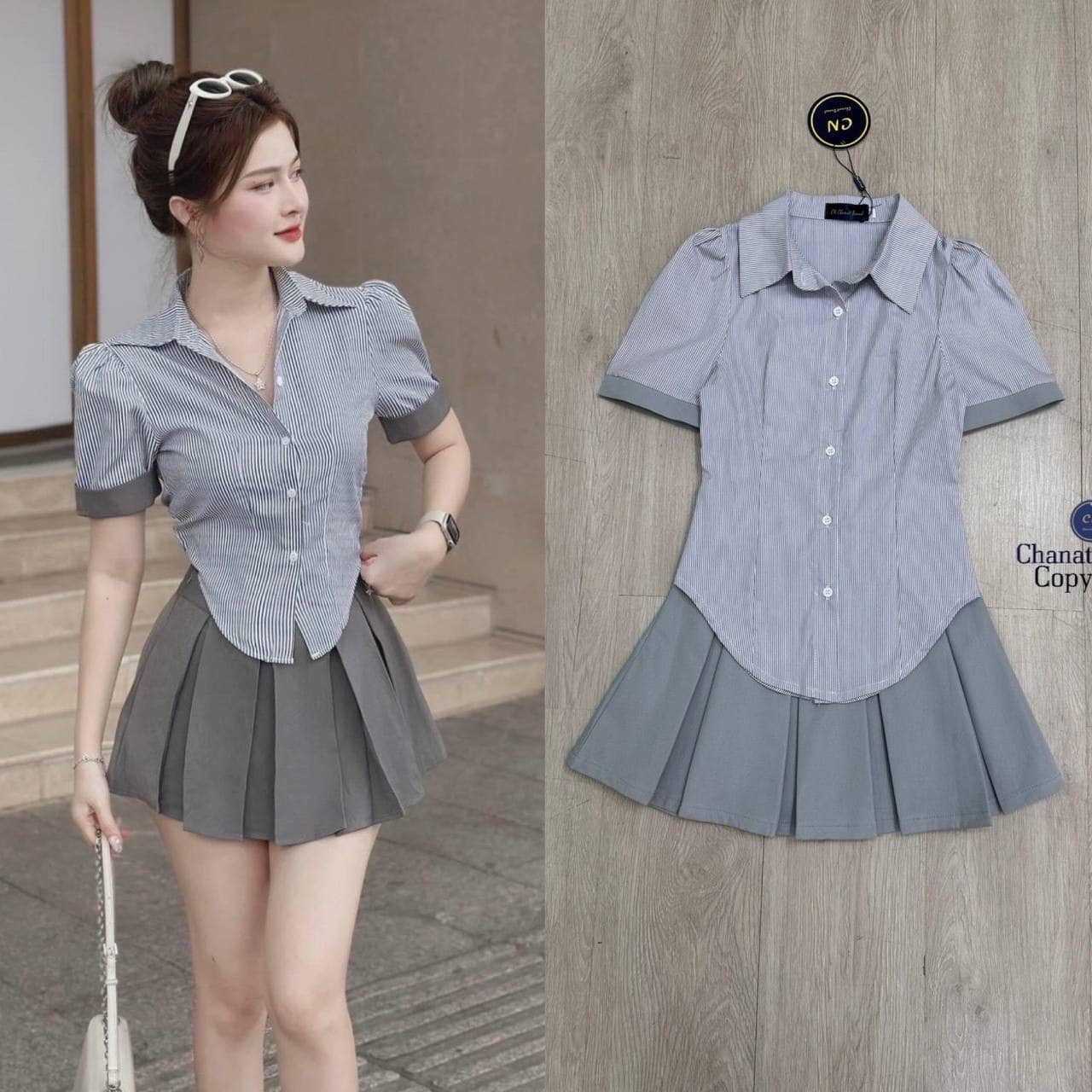 Set 2 ชิ้น เสื้อคอปกแขนสั้นไหล่แต่งเย็บจับจับพองตัวเสื้อทรงเข้ารูปสวยชายเสื้อเว้าโค้ง +กระโปรงเทนนิสสั้นเนื้อผ้าอัดกาวนิ่มสีเทา ซิปด้านข้าง เย็บซับในเป็นกางเกง ใส่สบาย : สินค้าคุณภาพ (พร้อมส่ง)