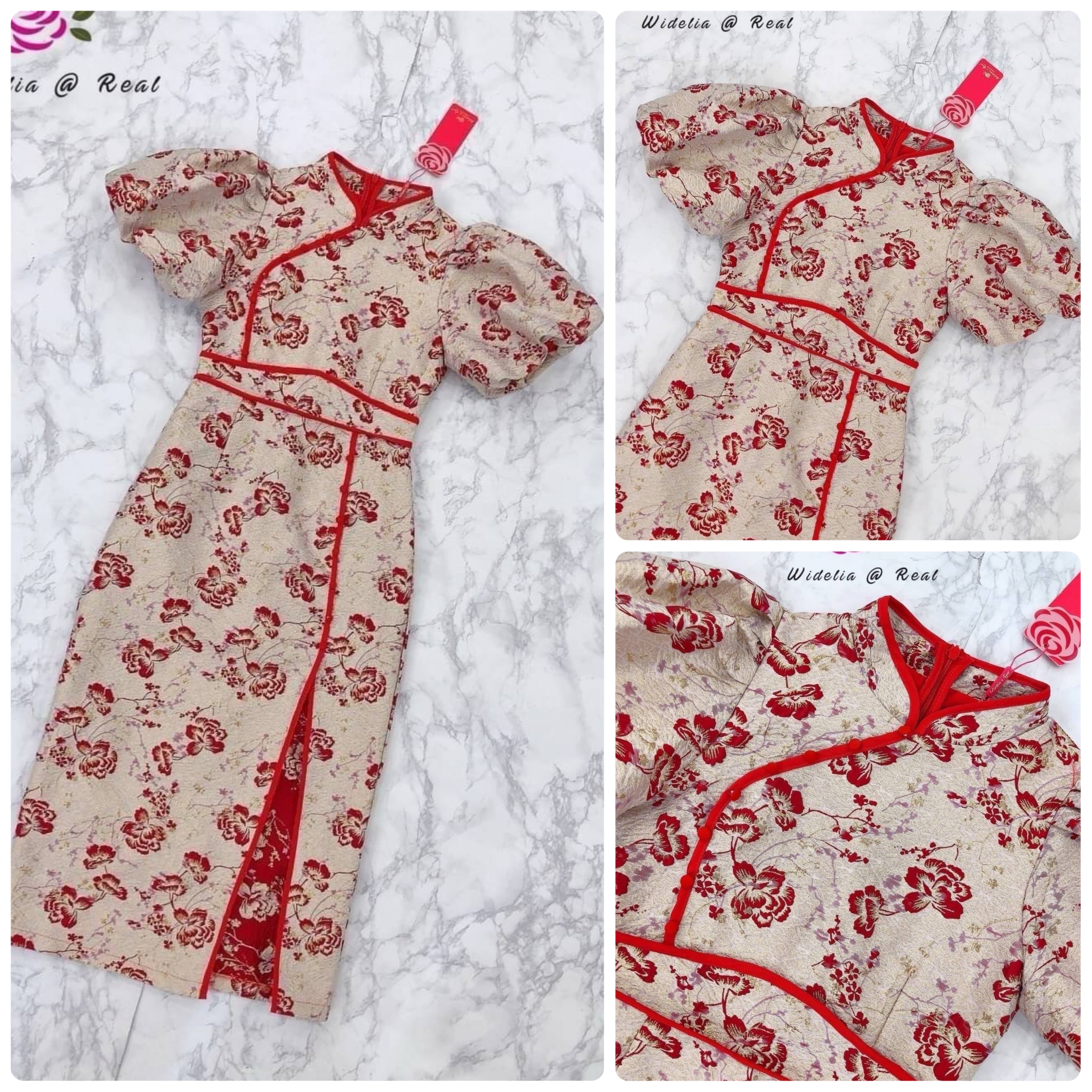 Dress เดรสกี่เพ้าแสนสวย ตัวกี่เพ้าแขนพอง กุ๊นขอบแดงอย่างดี ชายเดรสผ่าข้าง ใส่สบาย สินค้าคุณภาพ (พร้อมส่ง)