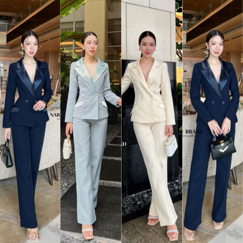 Set สูท2ชิ้น เสื้อแขนยาว+กางเกงขายาว ดีเทลเรียบหรู เสื้อคอปกเงา ดูแพงมาก กระดุมสองเม็ด มีกระเป๋าสองข้างใช้งานได้จริง กางเกงทรงเองสูง ใส่สบาย : สินค้าคุณภาพ (พร้อมส่ง)