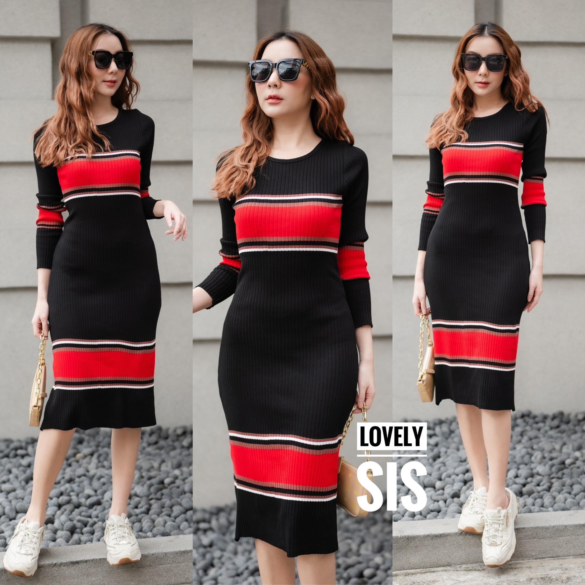 เดรสผ้า knit แขนยาว งานทอร่องแต่งสลับสี ใส่สบาย. สินค้าคุณภาพ (พร้อมส่ง)