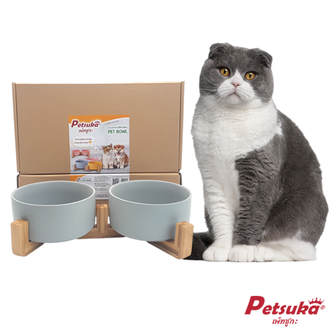 ชามเซรามิคสัตว์เลี้ยง Petsuka พร้อมฐานรองสไตล์ญี่ปุ่น สำหรับสุนัขและแมว สีเทา แบบคู่ 850 ml