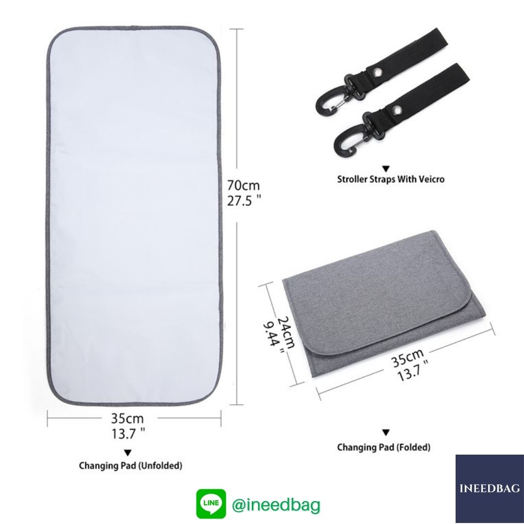 Ecosusi กระเป๋าคุณแม่, กระเป๋าสัมภาระคุณแม่, กระเป๋าแม่ลูกอ่อน แบบเป้ มาพร้อมแผ่นรองเปลี่ยนผ้าอ้อม, ช่องเก็บความร้อน-เย็น (New Version Grey) + Wet Pocket + Wipe Pocket