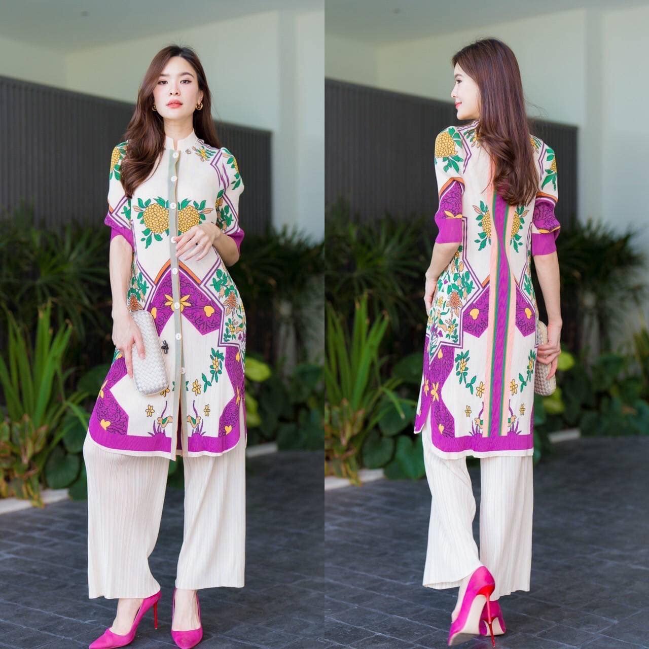 ชุดเซตผ้าอัดพลีท AA Premium เสื้อแขน 3 ส่วน คอจีนตัวยาว แต่งกระดุมเรียงยาว สีเดียวกับชุด แพทเทิร์น วาดลาดลาย สีสัน สวย สดใส สินค้าคุณภาพ (พร้อมส่ง)