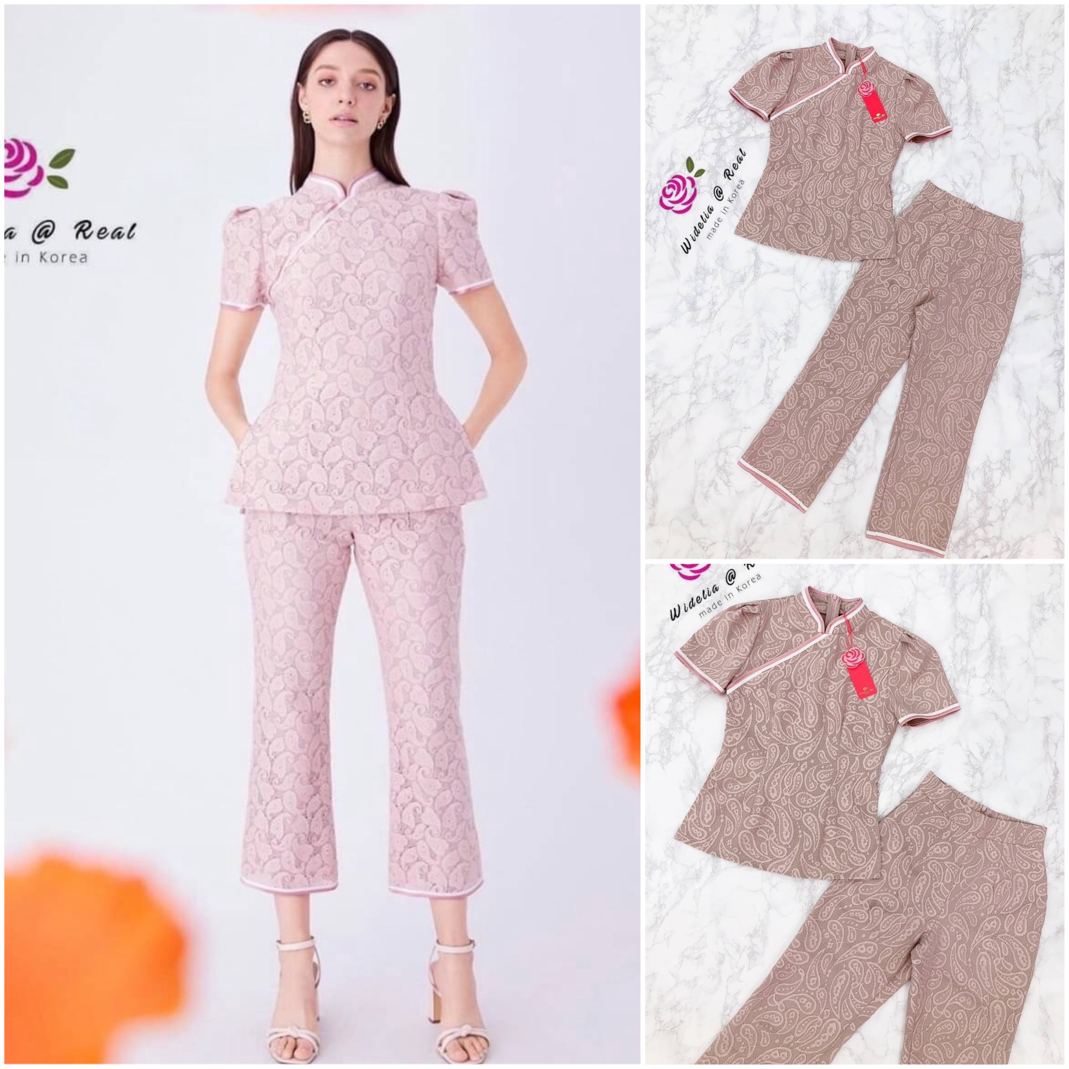 Set เซ็ทเสื้อกี่เพ้ากับกางเกง เรียบหรู เนื้อผ้าลูกไม้สั่งทำพิเศษลวดลายสวยเป๊ะไม่ซ้ำใคร สินค้าคุณภาพ (พร้อมส่ง)