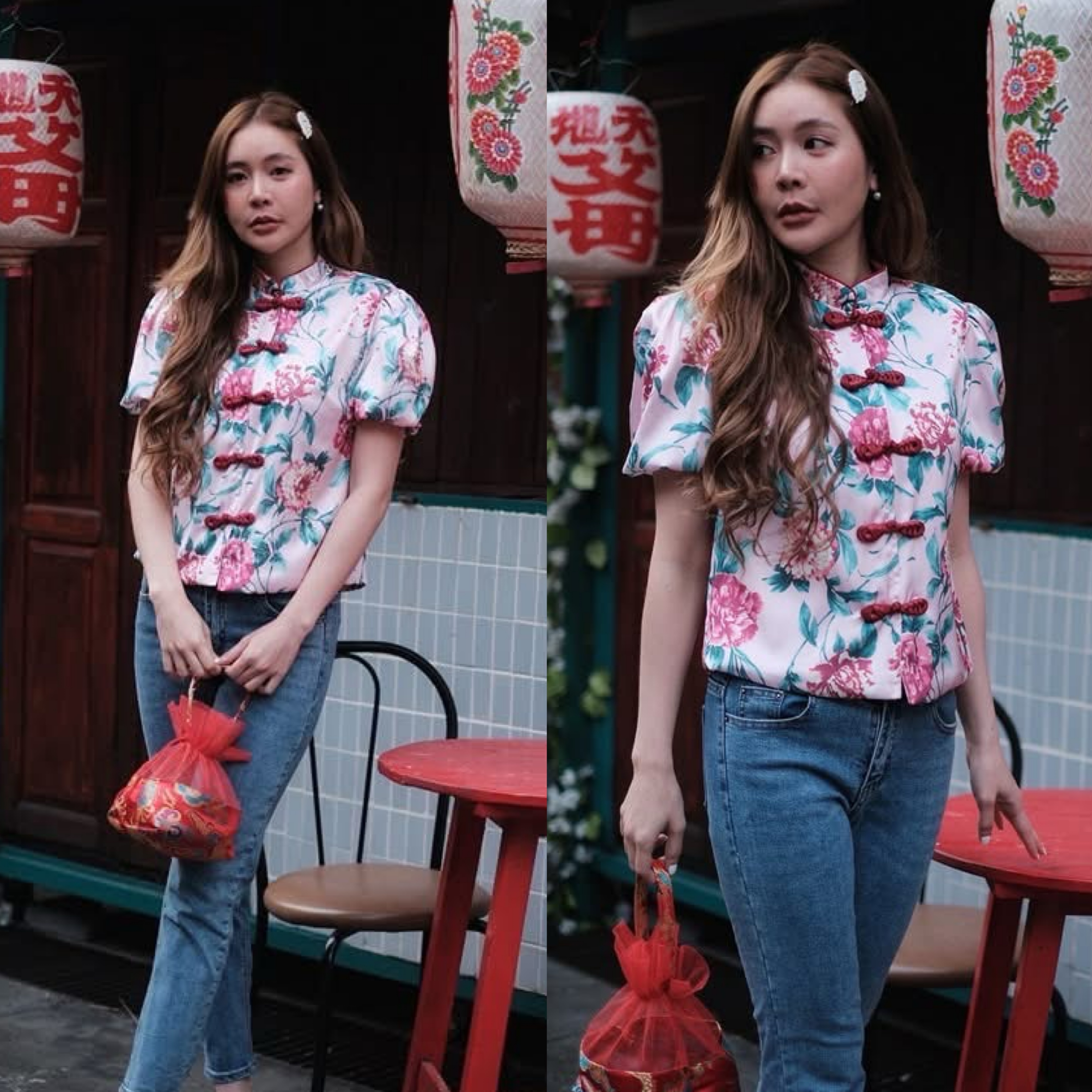 เสื้อคอจีนแขนฟักทอง ผ้าลายดอกไม้สีสันสดใส ใดๆผ้าคือสวยมากๆ ด้านหน้างานสวยเ ใส่สบาย : สินค้าคุณภาพ (พร้อมส่ง)