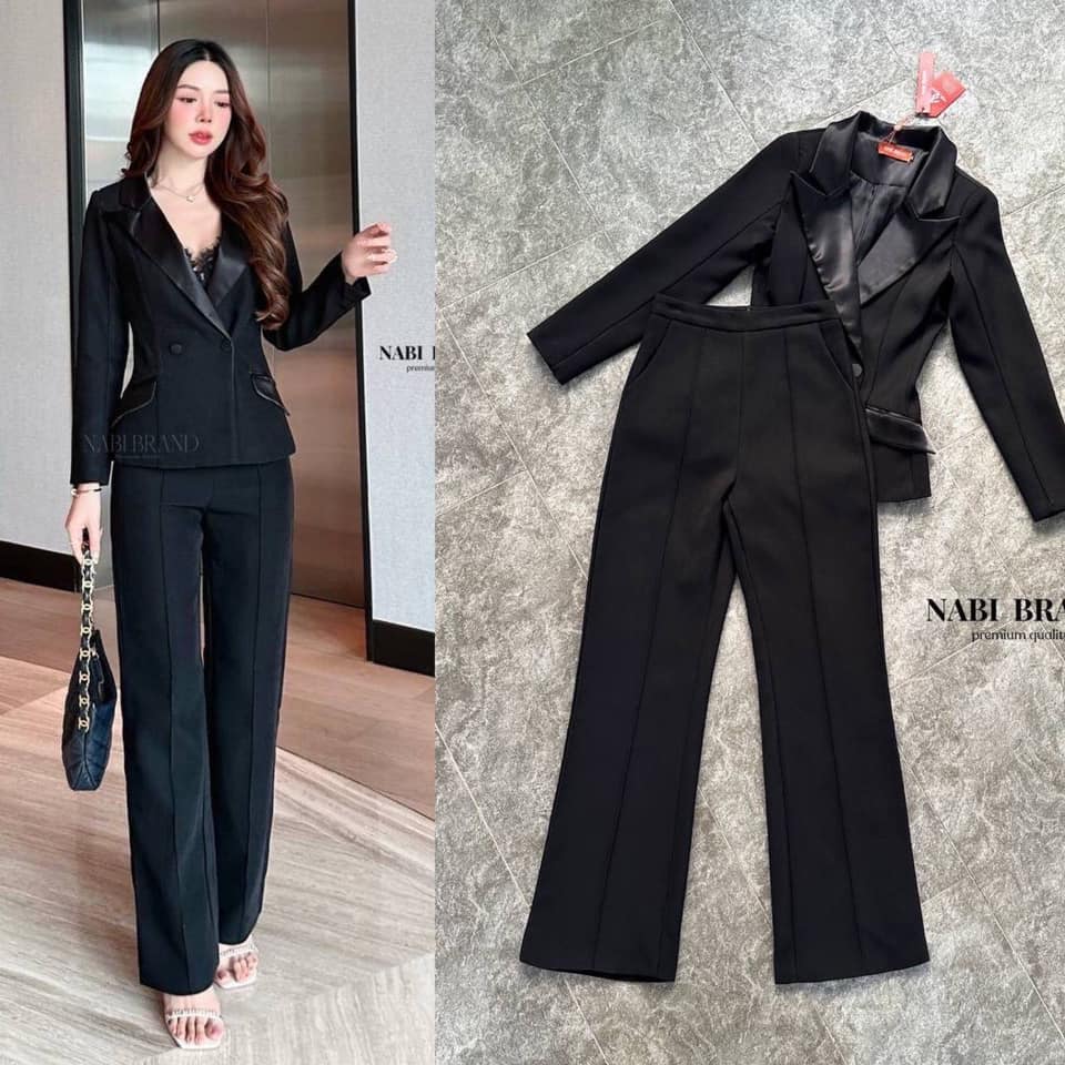 Set สูท2ชิ้น เสื้อแขนยาว+กางเกงขายาว ดีเทลเรียบหรู เสื้อคอปกเงาๆ ดูแพงมากกระดุมสองเม็ด มีกระเป๋าสองข้างใช้งานได้จริง กางเกงทรงเองสูงนิดนึง กระบอกเล็ก ใส่สบาย : สินค้าคุณภาพ (พร้อมส่ง)