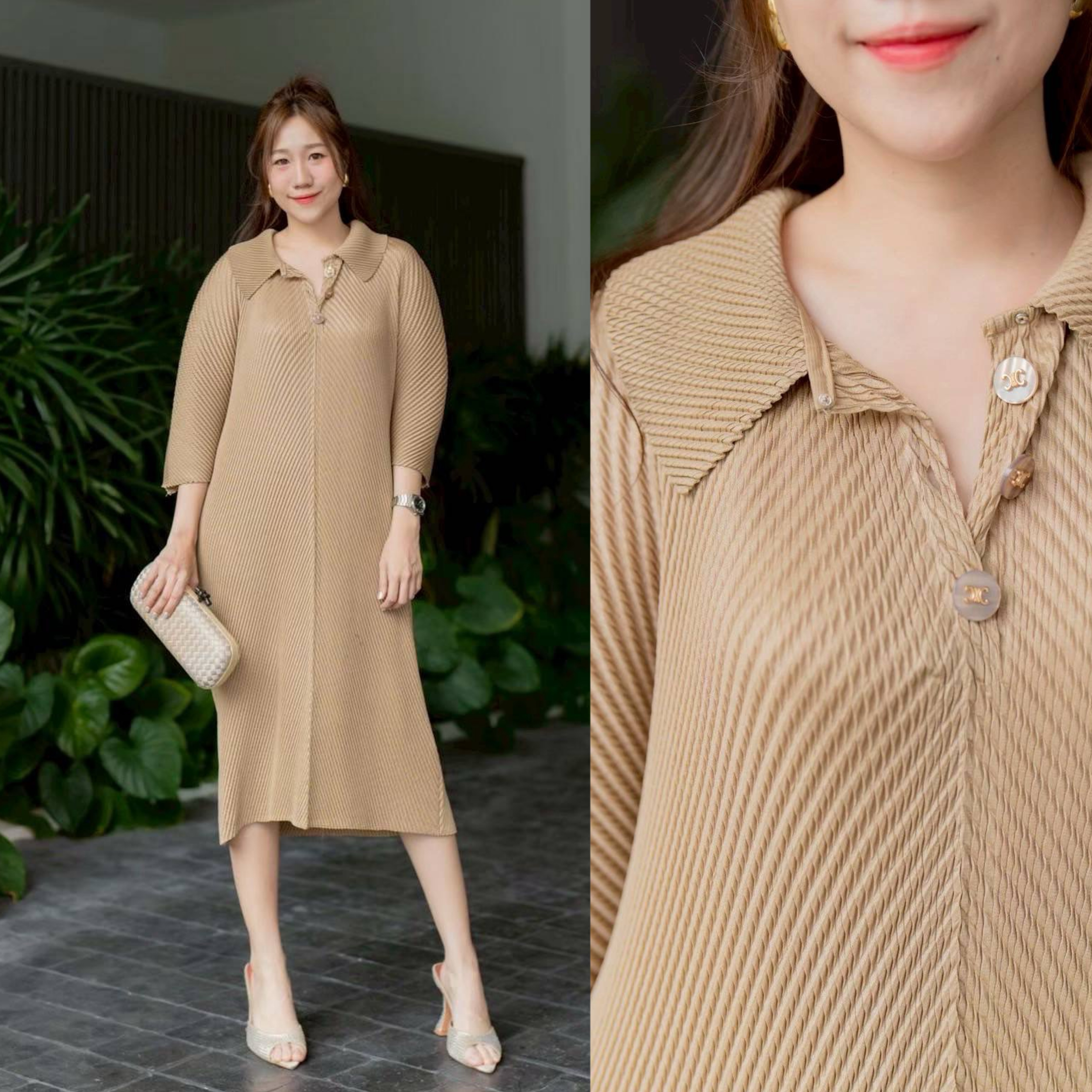 เดรสพลีท คอปก ทรงแขน 4 ส่วน แต่งกระดุมสีทองช่วงคอปก เพิ่มความ แกรม ⚜️⚜️ความยาวกำลังดี อัดพลีทลายเกลียวเชือก 🥨 ใส่สบาย : สินค้าคุณภาพ (พร้อมส่ง)