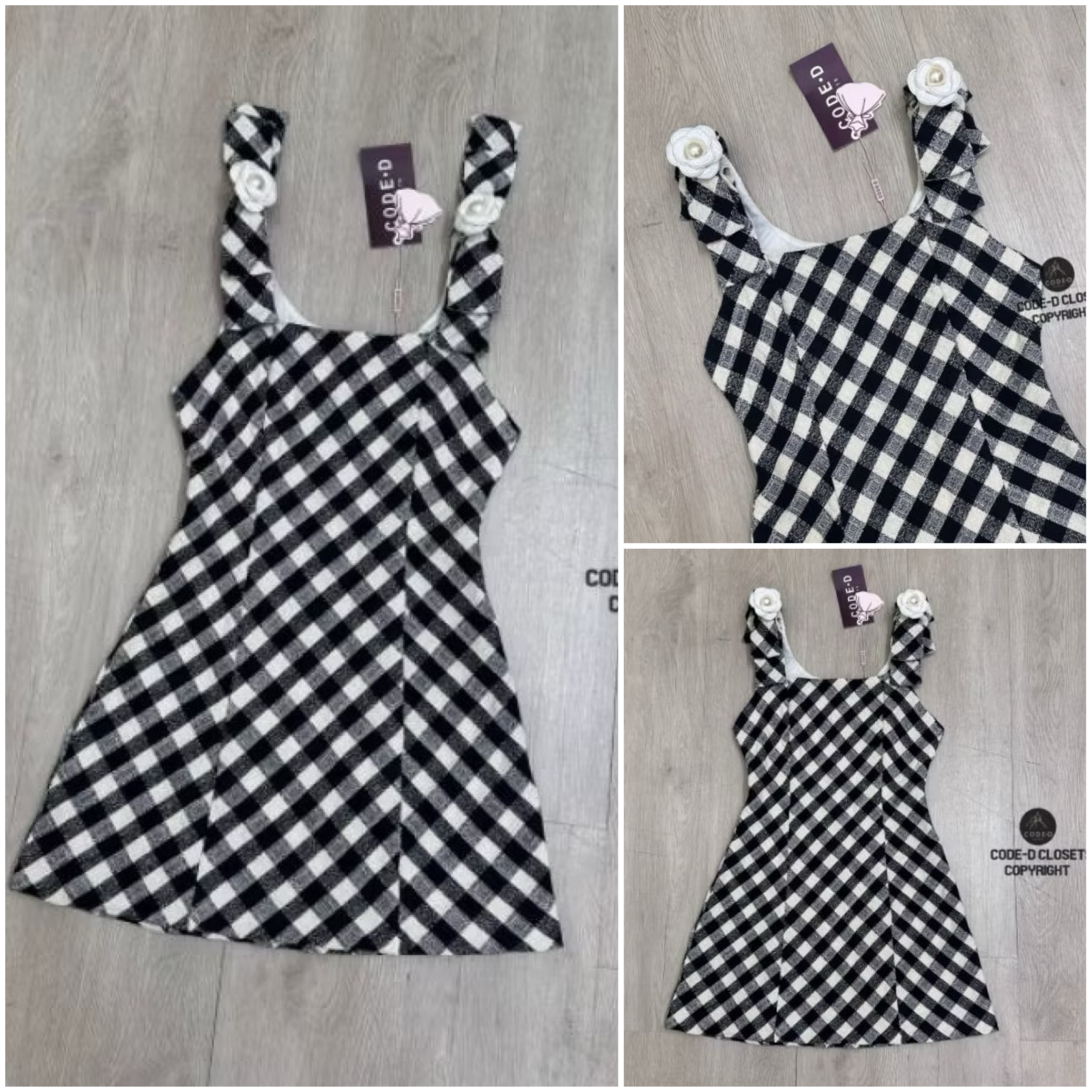 มินิเดรสเนื้อผ้าลายสก๊อตสีดำขาวผ้าทอ ทวีตดีไซน์สายเดี่ยวช่วงบ่าแต่งโบว์ใหญ่/เข็มกลัด ใส่สบาย : สินค้าคุณภาพ (พร้อมส่ง)