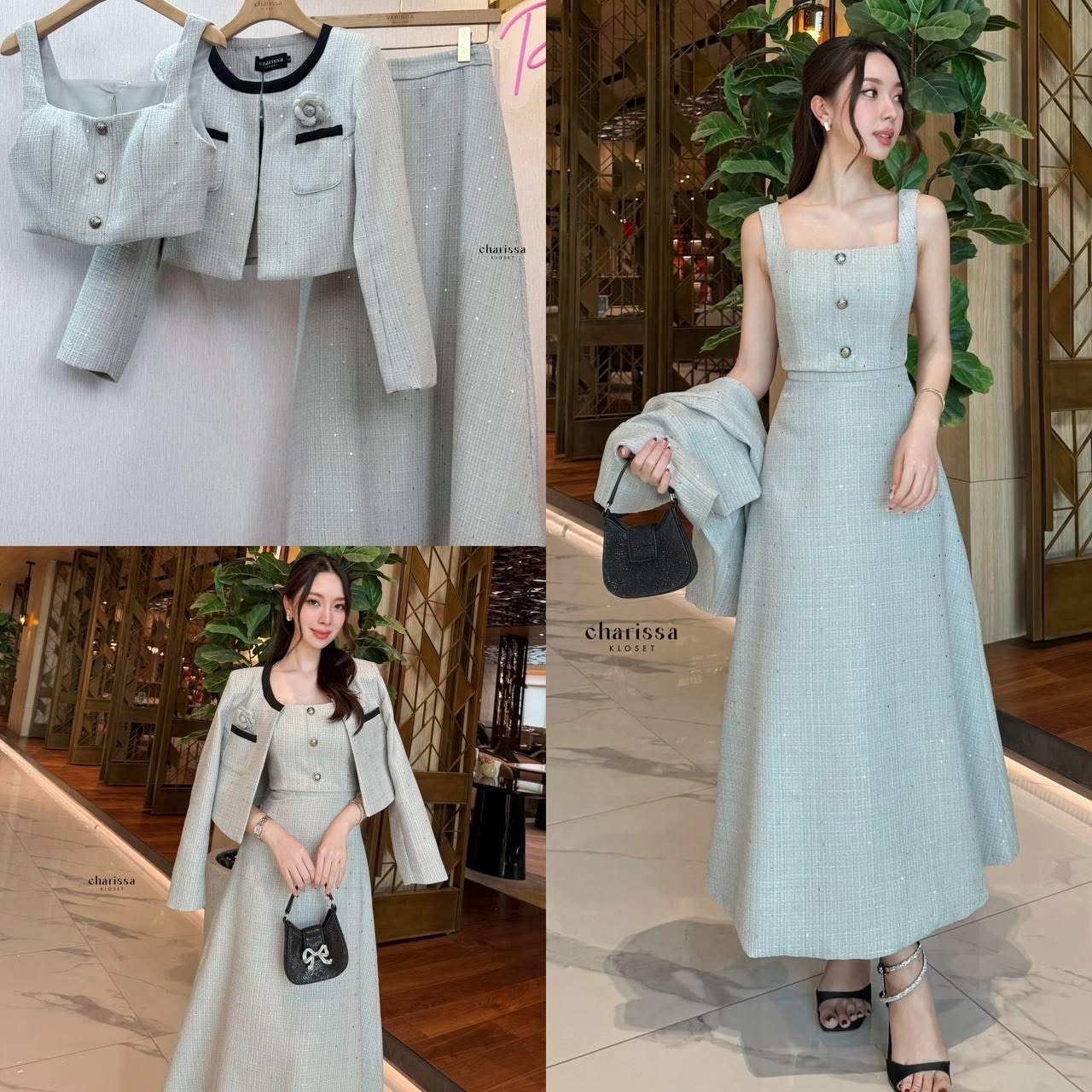 Set 4 ชิ้น เสื้อคลุม+ เสื้อครอปสั้น+ กระโปรงยาวเอวสูง +เข็มกลัดดอกไม้ ใส่สบาย : สินค้าคุณภาพ (พร้อมส่ง)
