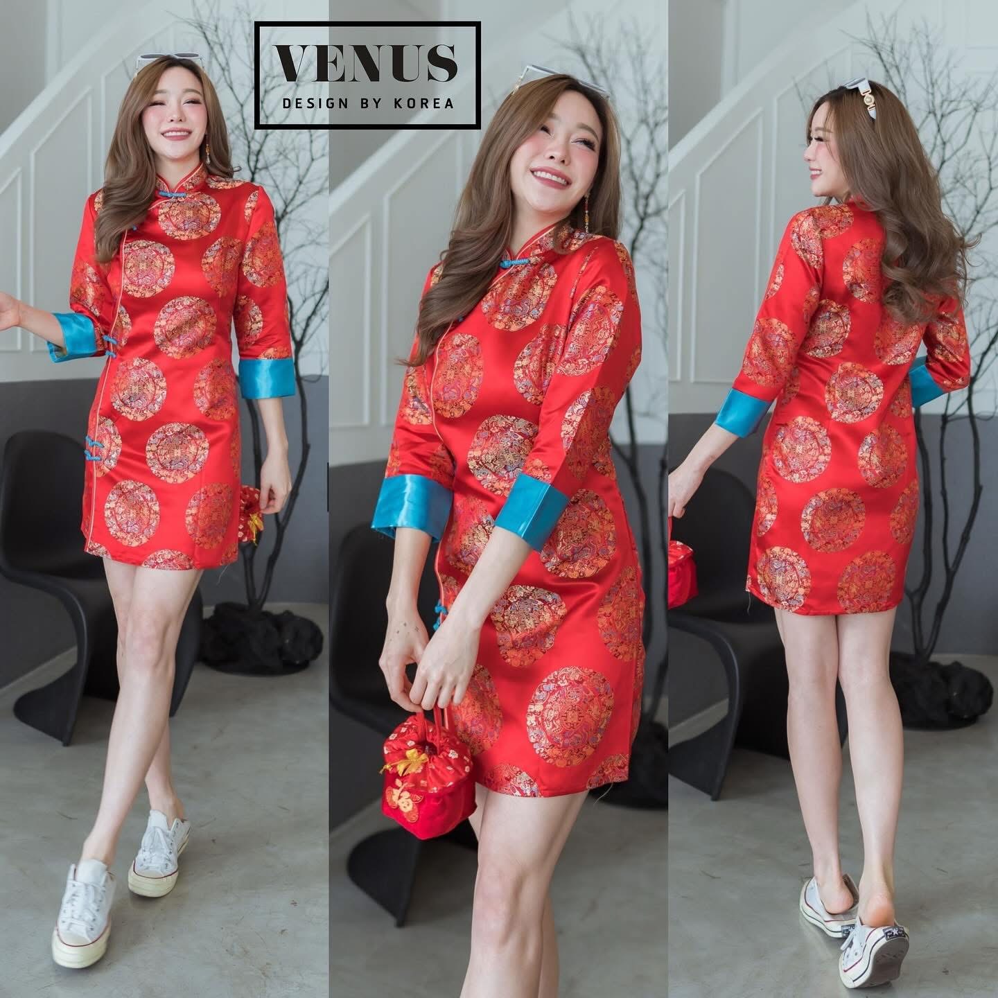 กี่เพ้าเดรสสั้น พิมพ์ลายมงคล งานสวยนะคะ แขนยาวคะ งานเข้ารูป ใส่สบาย : สินค้าคุณภาพ (พร้อมส่ง)