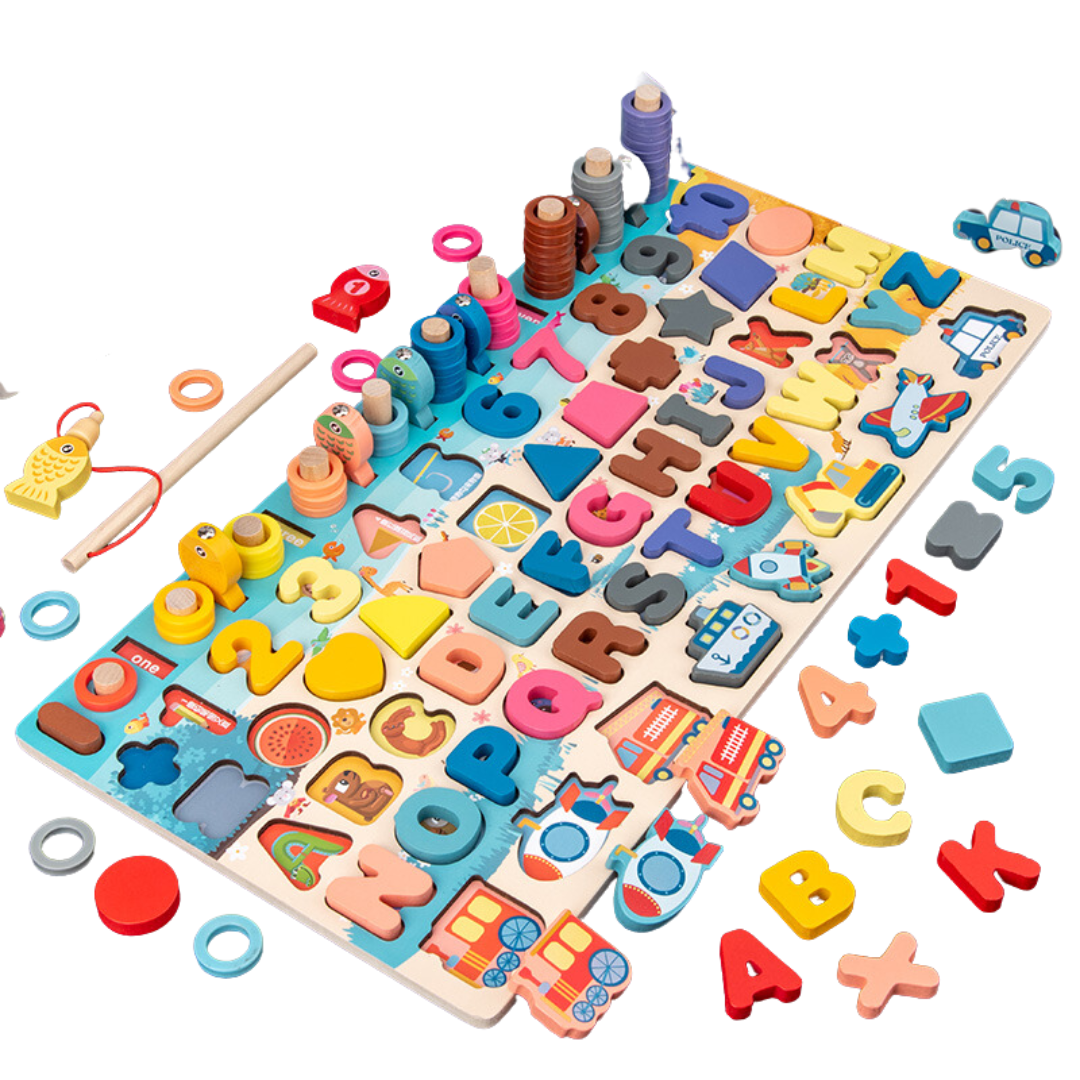 ของเล่นไม้ กระดานจับคู่ 7in1 ตัวเลข ตัวอักษร ยานพาหนะ สวมหลักนับเลข