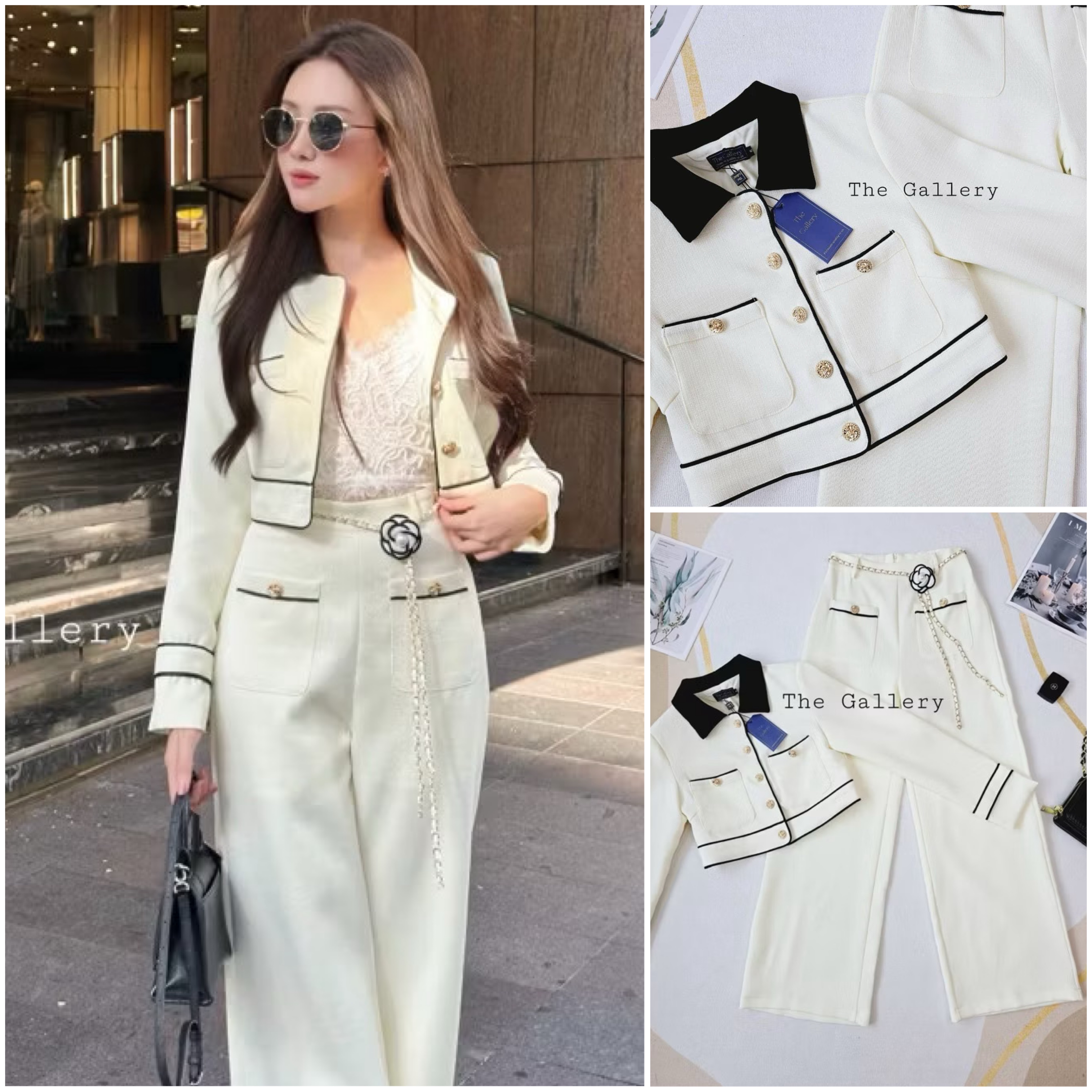 Setชาเนล ตัวแม่หรูหราสุดๆ กับชุดเซ็ต3ชิ้น เสื้อครอปแขนยาวและกางเกงขายาวสุดชิคมาพร้อม เข็มขัดโซ่ดอกไม้ ใส่สบาย : สินค้าคุณภาพ (พร้อมส่ง)