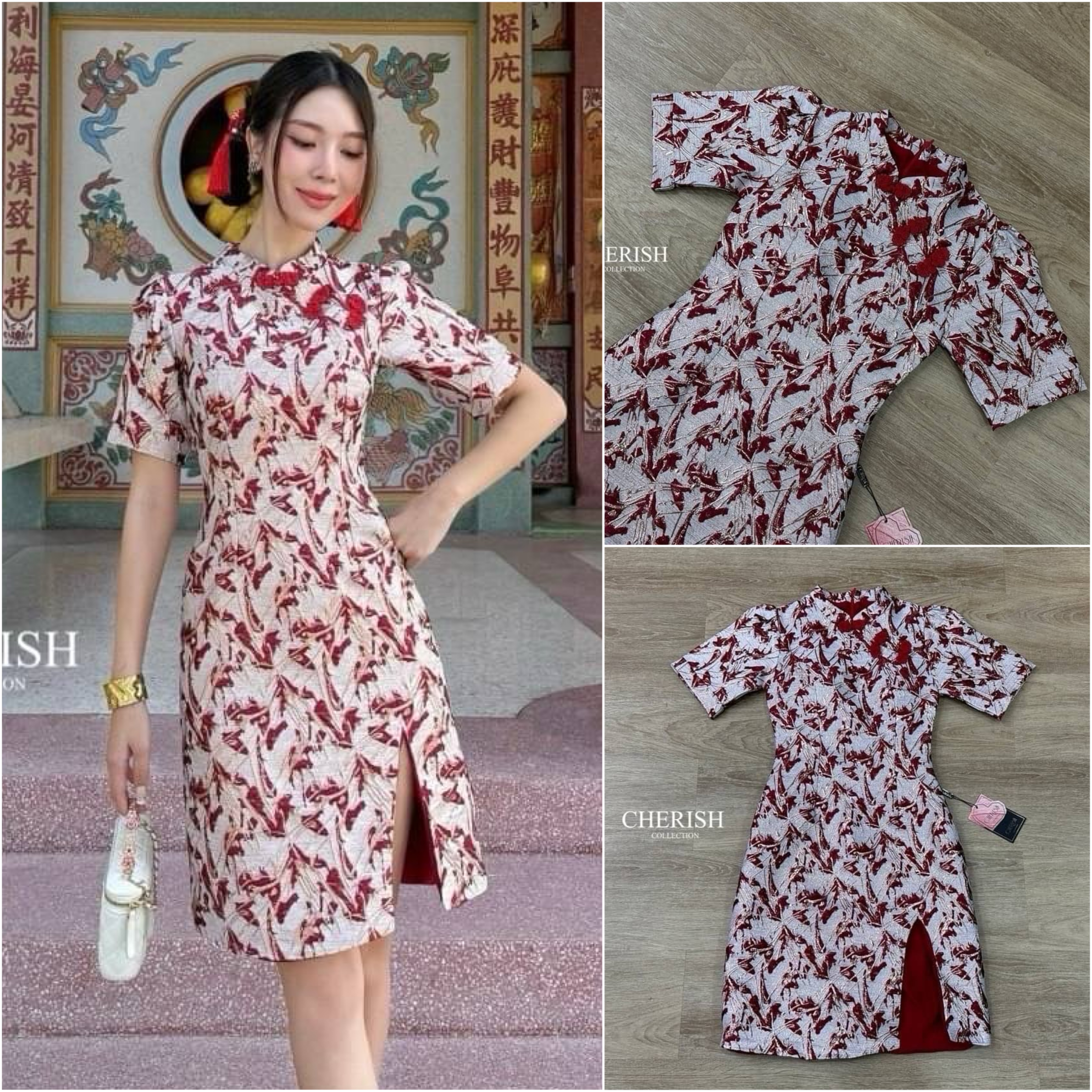 เดรสกี่เพ้า ผ้าทอลายนู้นปักดิ้นทองทั้งตัวพร้อมซับในทั้ง ใส่สบาย : สินค้าคุณภาพ (พร้อมส่ง)