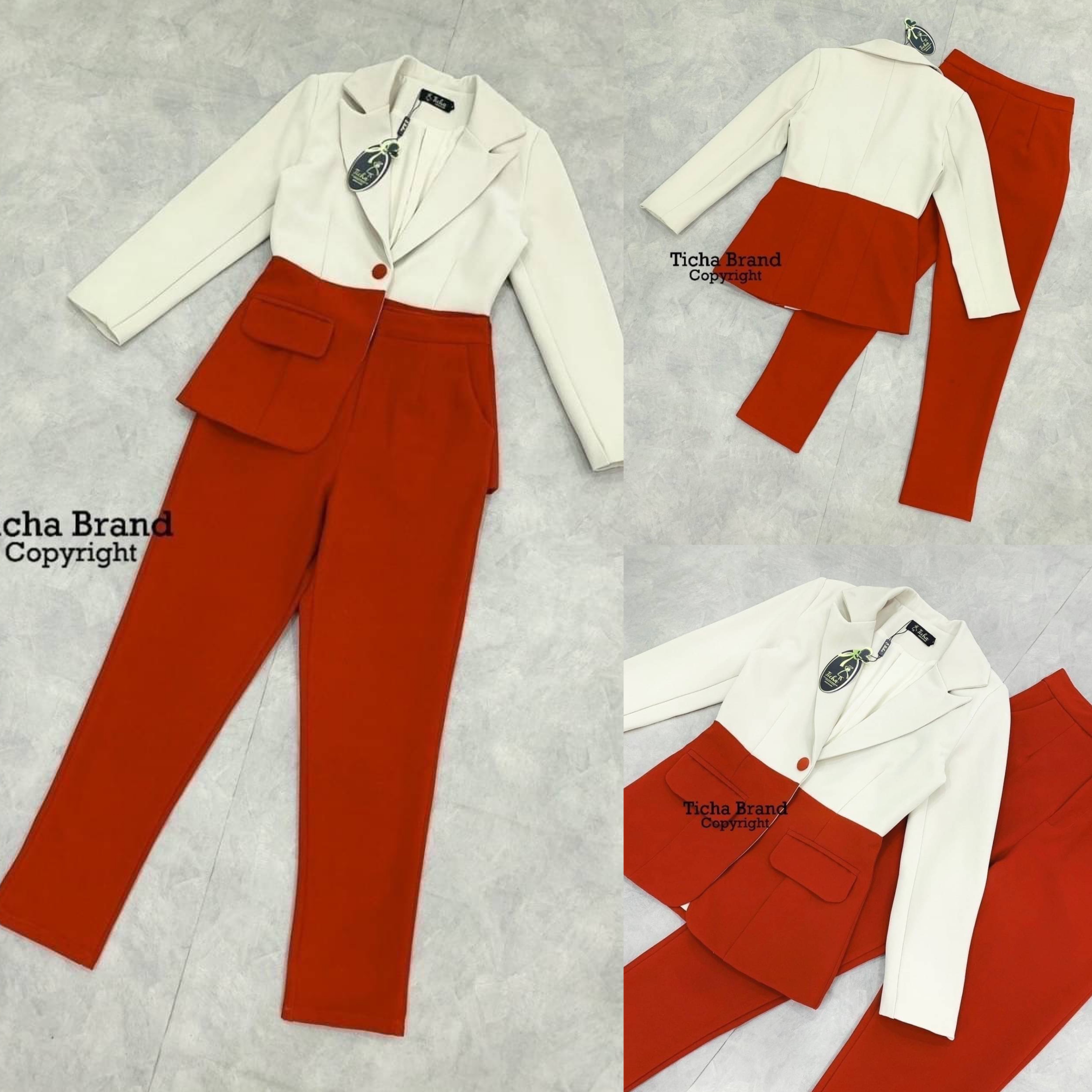 เซ็ต 2 ชิ้น เสื้อสูทแขนยาวสีชมพูนู้ด แต่งกระเป๋าด้านหน้า ชายเสื้อตัดต่อผ้าสีอิฐสวยมาก แมทช์คู่กับกางเกงขายาวเอวสูง สินค้าคุณภาพ (พร้อมส่ง)