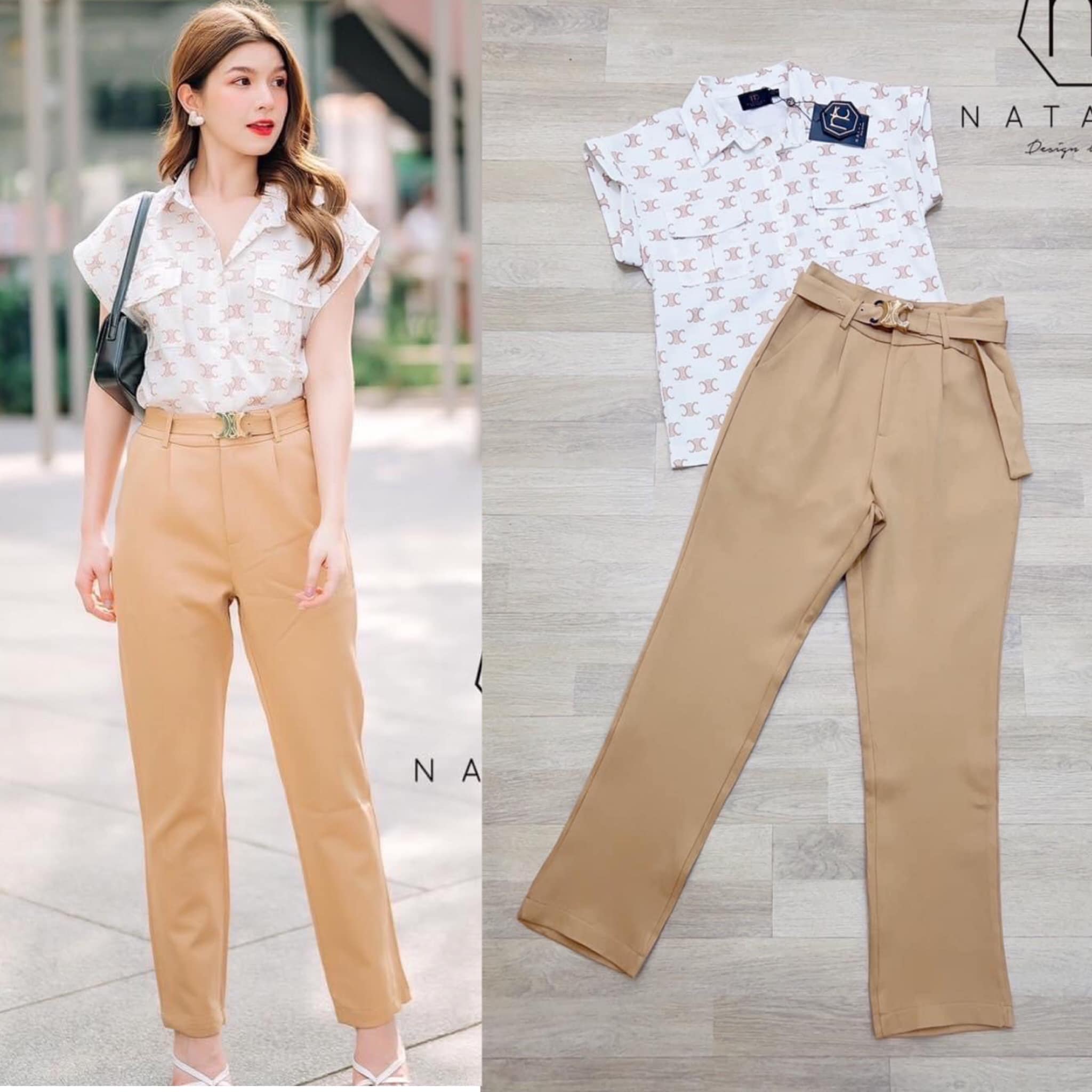 Setเสื้อคอปกพิมพ์ลายC.eline แมตกางเกงขายาวอัดกาวอย่างดี มีเข็มขัด : สินค้าคุณภาพ (พร้อมส่ง)