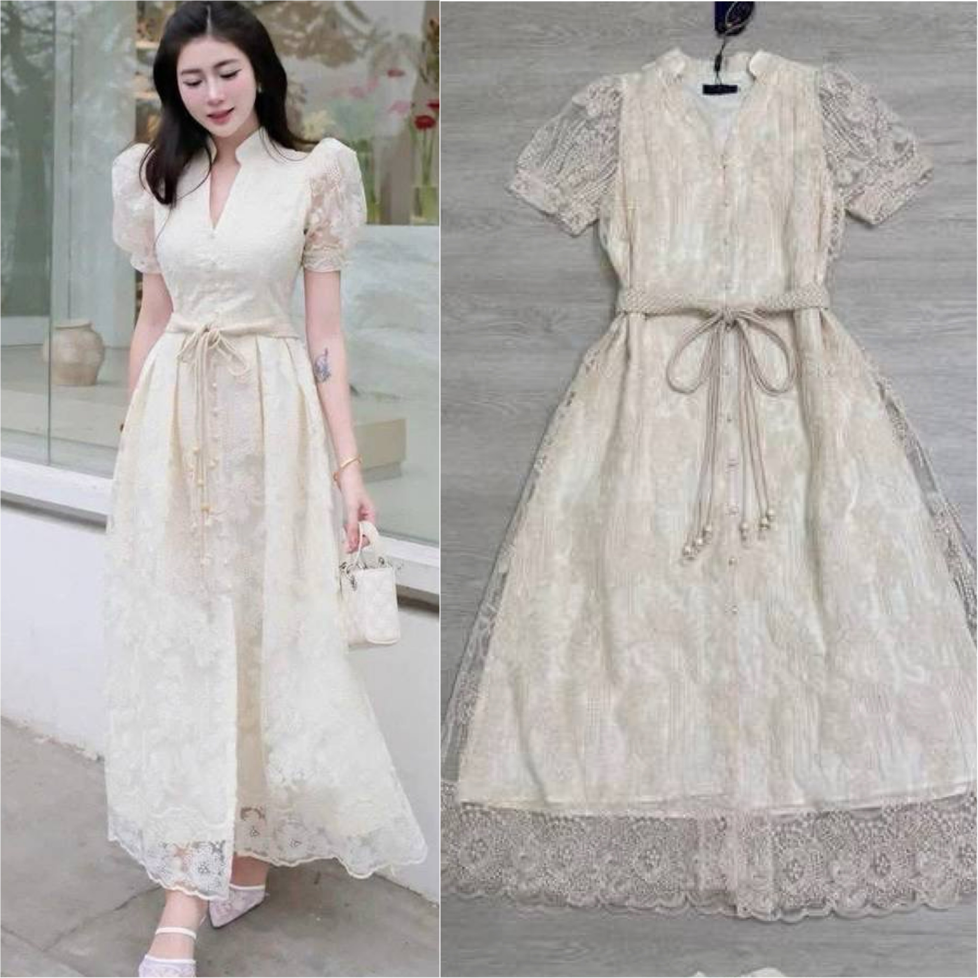 เซต 2 ชิ้น เดรสยาวสีครีม แขนสั้น ดีเทลกระดุมหน้าเรียงยาว เนื้อผ้าเป็นงานปักแน่นๆ ทั้งตัว มีชับในให้อย่างดี ตัวเดรสเป็นทรงโอเวอร์ไซด์ มาพร้อมสายถักผูกเอว ใส่สบาย : สินค้าคุณภาพ (พร้อมส่ง)