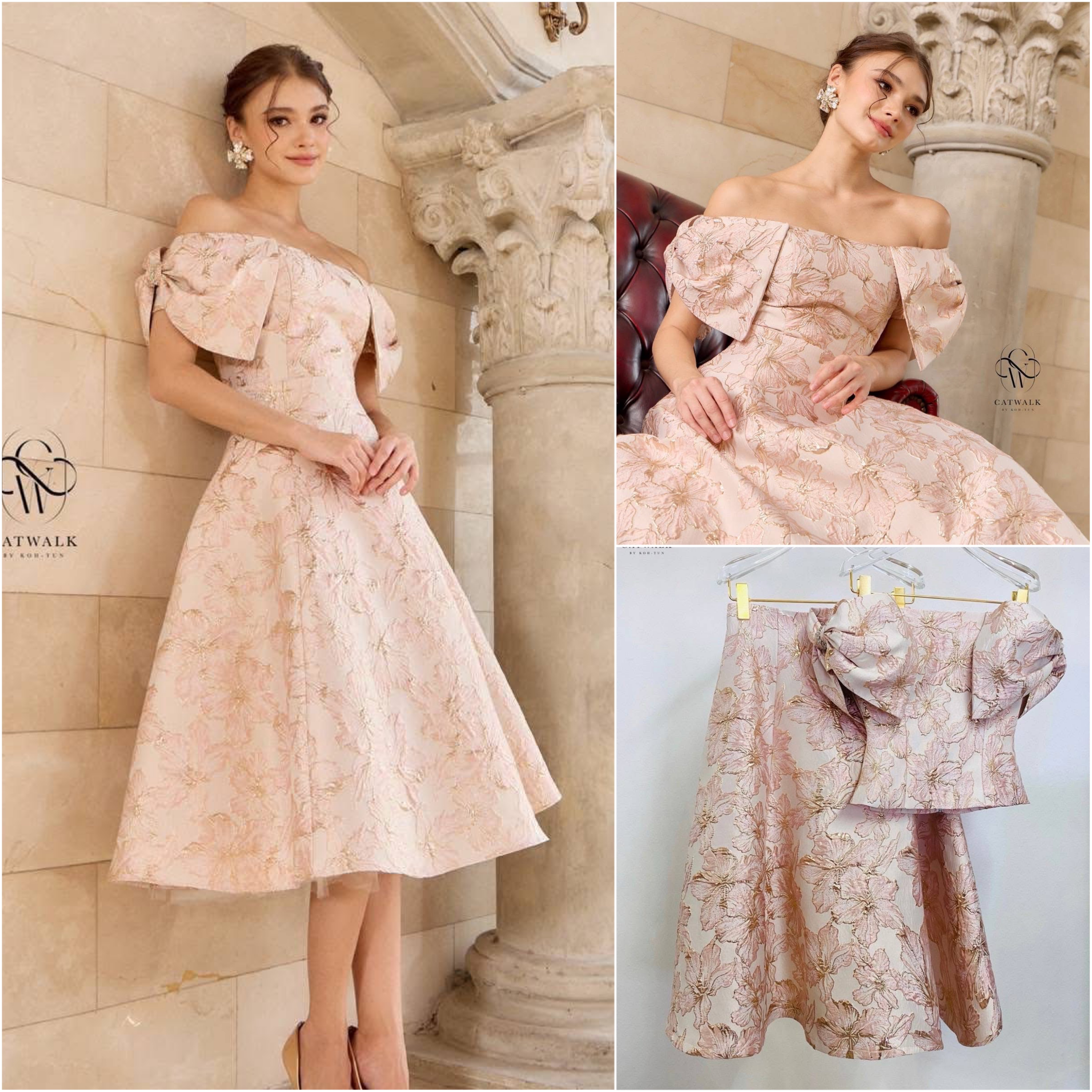 เซตผ้าทอลายเสื้อปาดไหล่โบว์ไหล่+กระโปรงทรงย้วย เนื้อผ้าเกรดเอ ผ้าสวยมาก ใส่สบาย : สินค้าคุณภาพ (พร้อมส่ง)