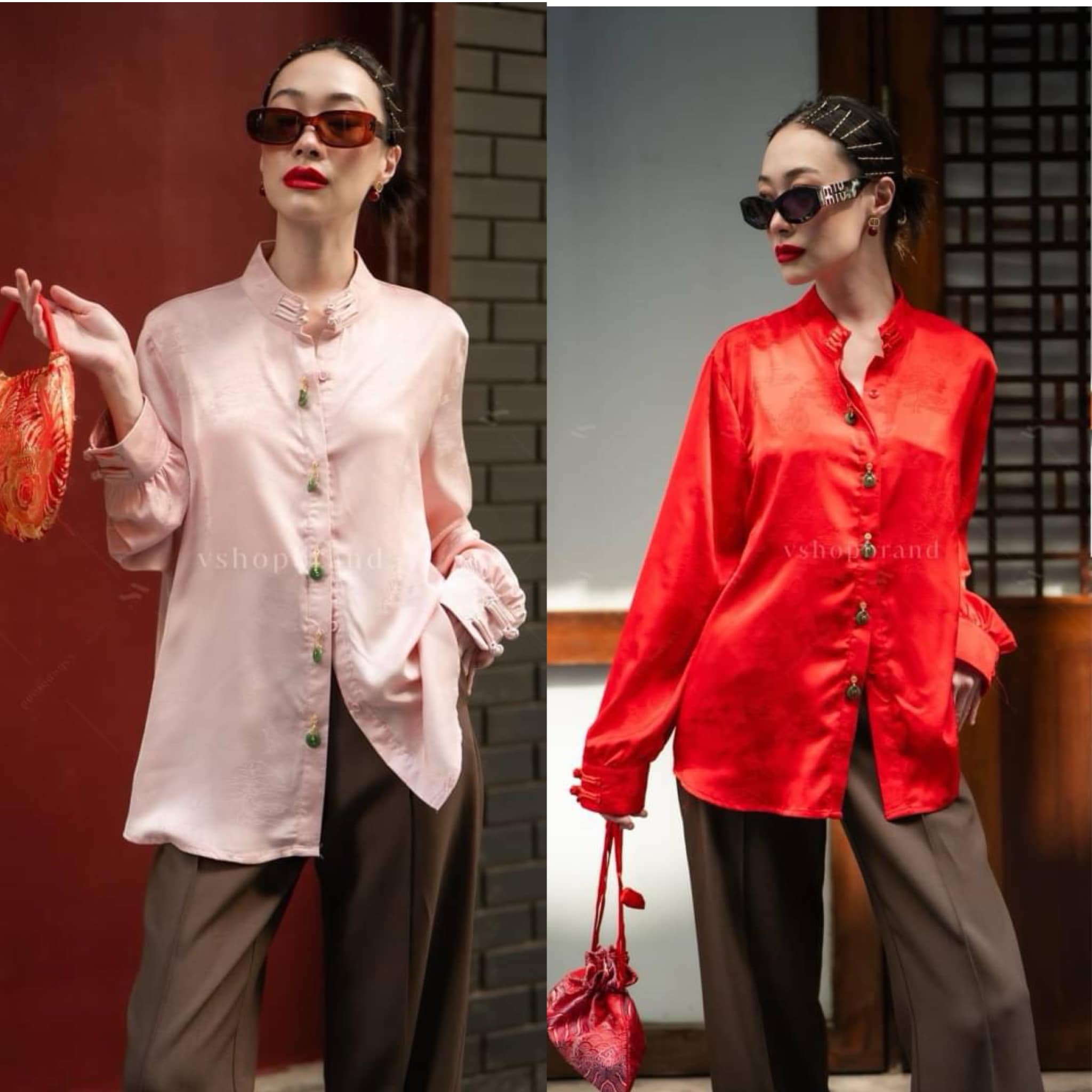 เชิ้ตกี่เพ้าพิมพ์ลาย กระดุมหยก ทรงสวย ใส่สบาย : สินค้าคุณภาพ (พร้อมส่ง)