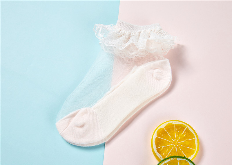 ถุงเท้าระบายลูกไม้เด็กหญิงข้อสั้น มีขนาดวัย 1-12 ขวบ สีขาว/ชมพู/ม่วง