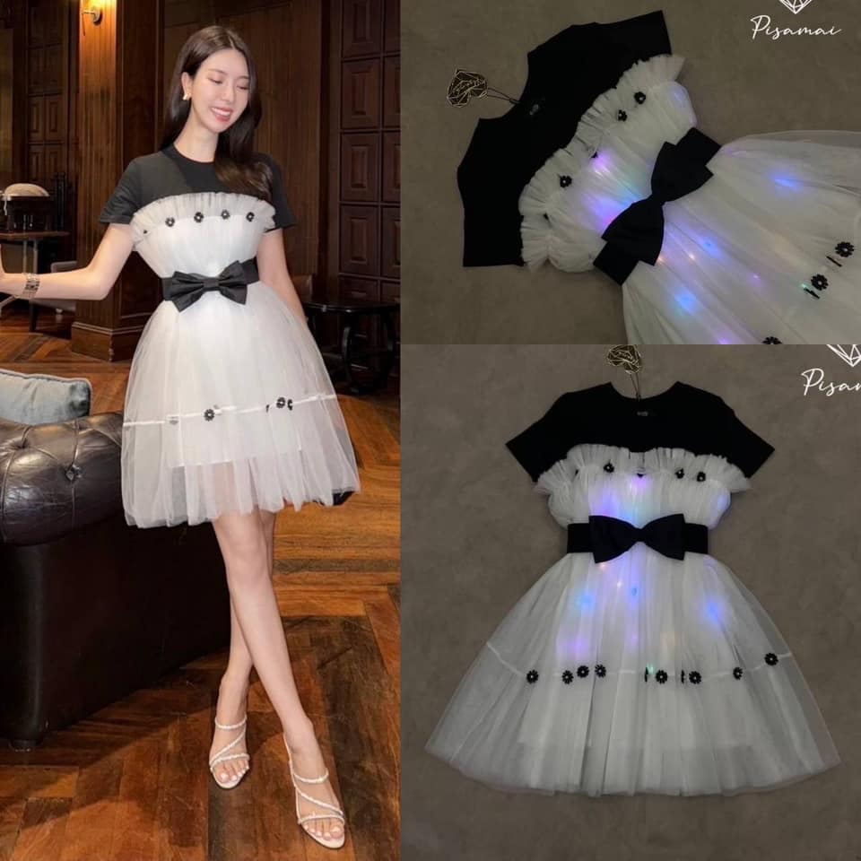 เดรสมีไฟตัวสั้นมีสวิทต์เปิด-ปิดไฟในตัว และเข็มขัดเข้าเซ็ต ใส่สบาย : สินค้าคุณภาพ (พร้อมส่ง)