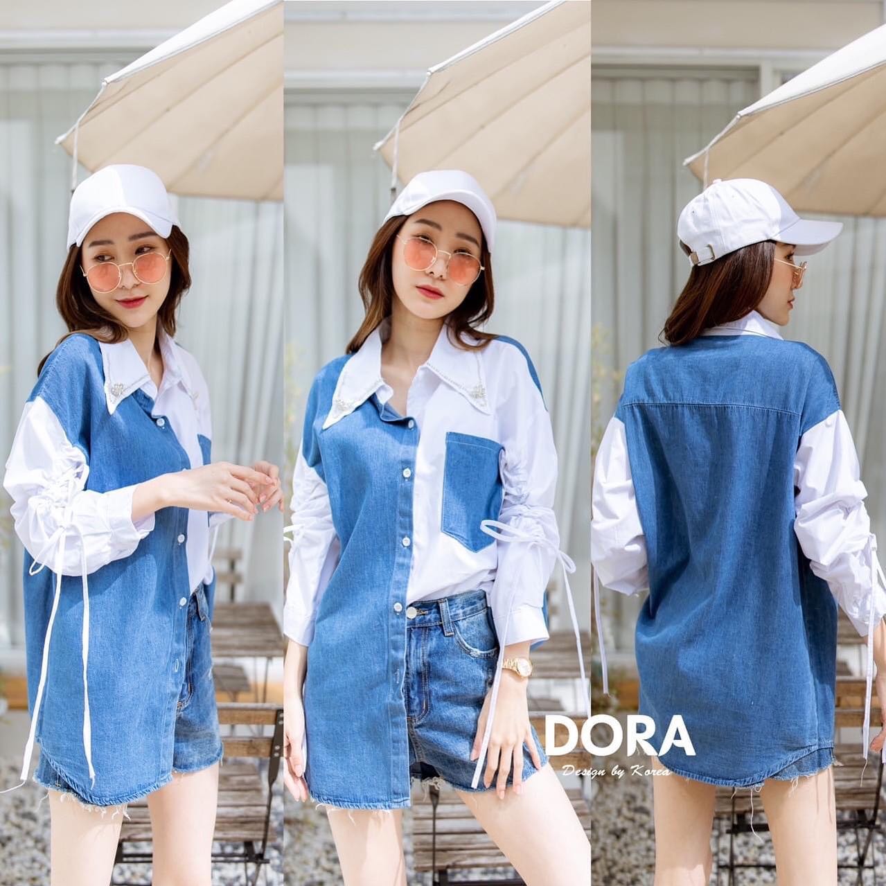 เสื้อเชิ้ต ต่อยีนเก๋มาก ช่วงแขนปรับสายรูด แต่งอะไหล่ช่วงคองานสวย น่ารักมาก : สินค้าคุณภาพ (พร้อมส่ง)