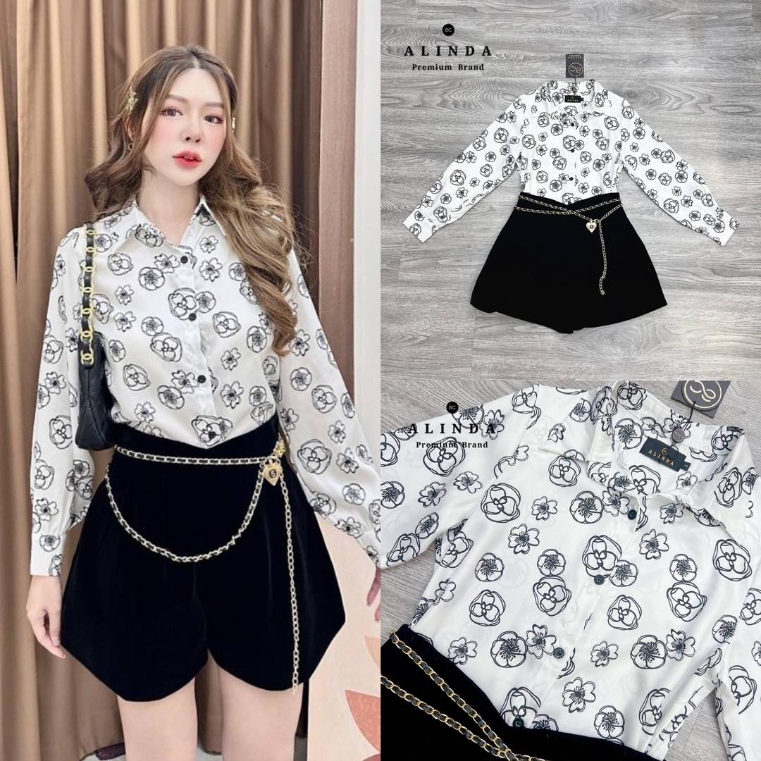 เซต 3 ชิ้น เสื้อเชิ้ตพิมผ้าลายดอกคามิเลีย เนื้อผ้าดีมาก มา พร้อมกางเกงผ้ากำมะหยี่เอวสูง ทรงสวย ในเซตมีเข็มขัด โซ่มาด้วยน้าาา สินค้าคุณภาพ (พร้อมส่ง)