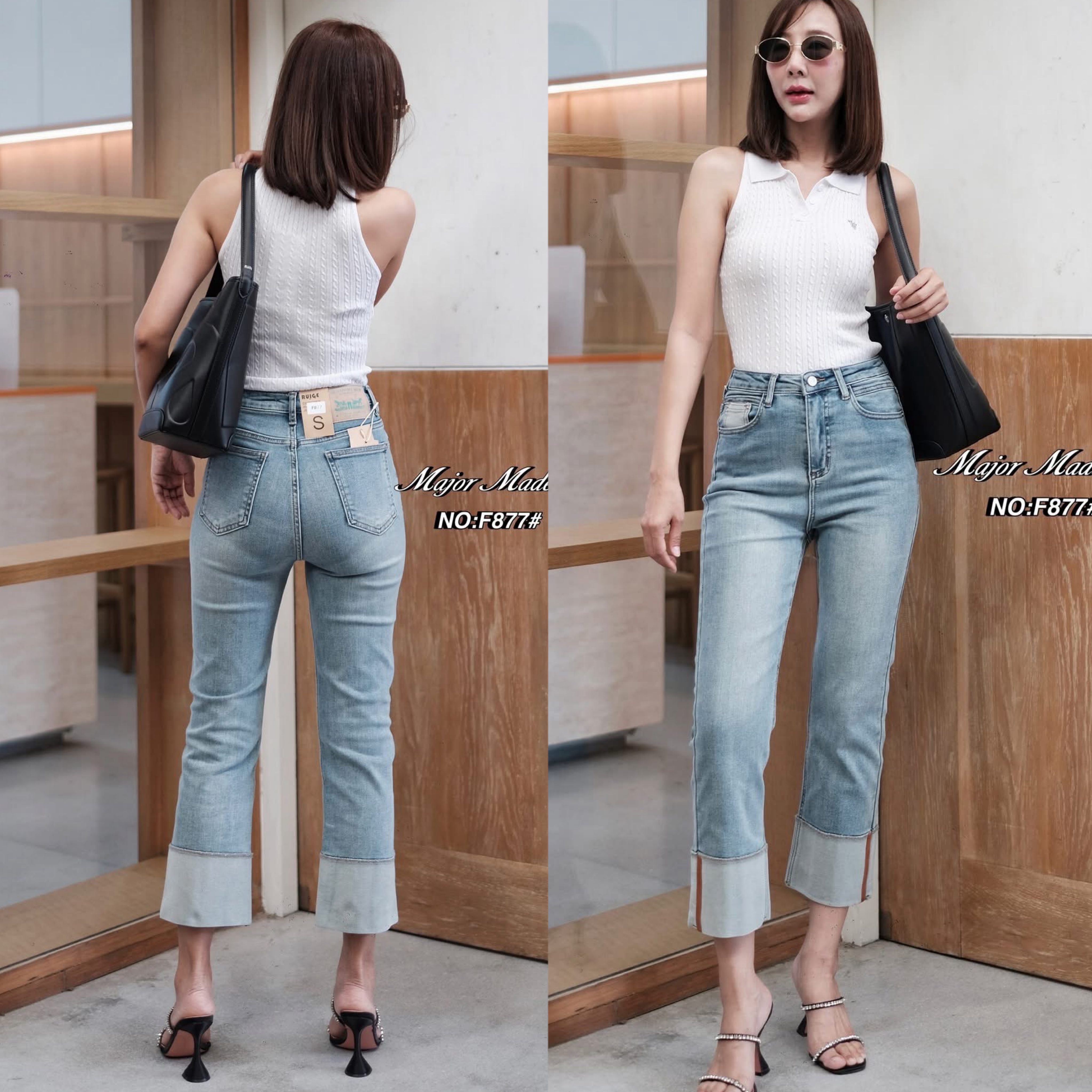 กางเกงยีนส์ทรง8ส่วน ทรงกระบอกเล็ก ปลายขาตัดต่อผ้า two tone style ใส่สบาย : สินค้าคุณภาพ (พร้อมส่ง)