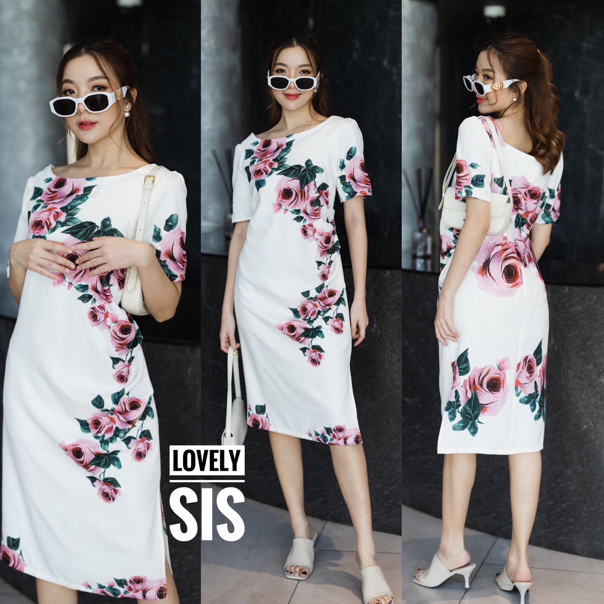 เดรสผ้าพิมพ์ลายดอกกุหลาบทั้งตัว งานซิปซ่อนด้านหลัง แต่งผ้าชายกระโปรง หนึ่งข้าง มีซับในอย่างดี สินค้าคุณภาพ (พร้อมส่ง)