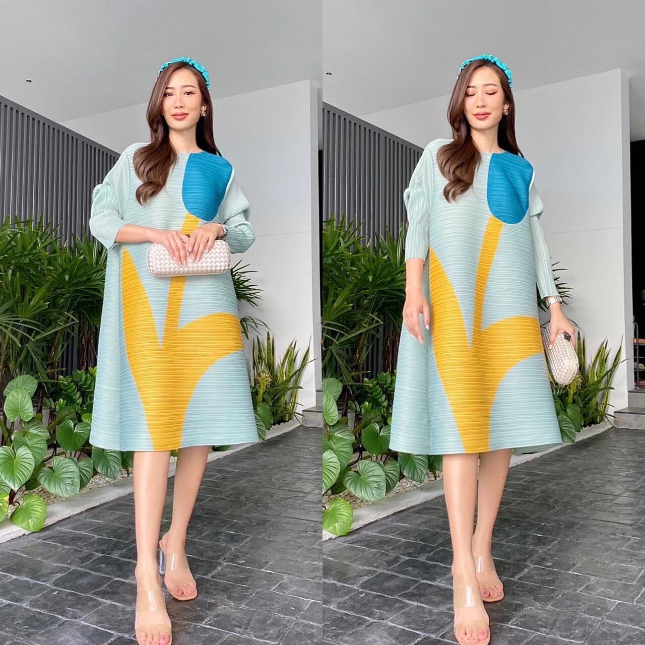 เดรสอัดพลีท งานสวยไฮโซ ทรงคอกลม ชายบาน A Line 😍 พิมพ์ลายดอกทิวลิป สินค้าคุณภาพ (พร้อมส่ง)