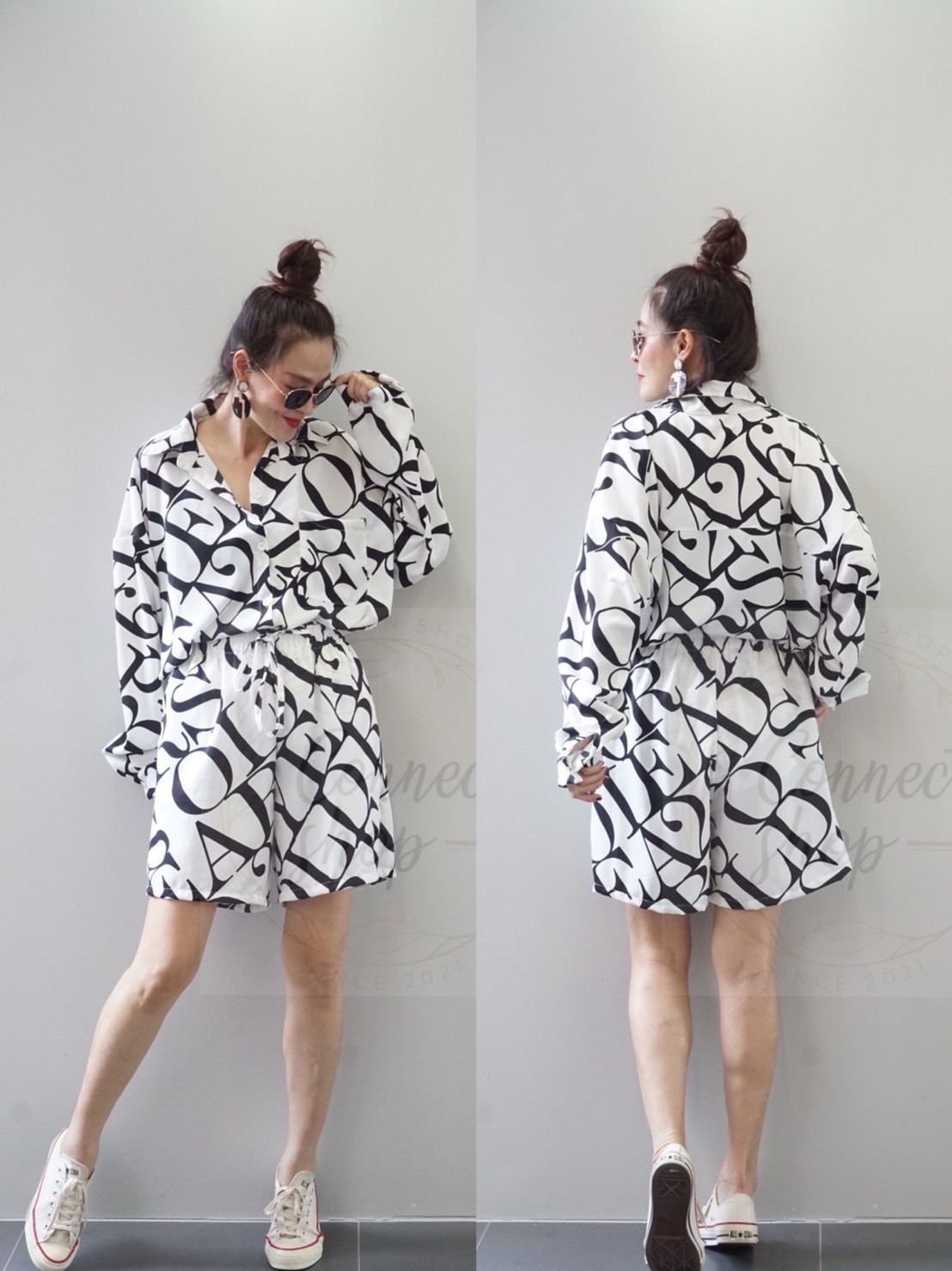 ชุดเซต 2 ชิ้น!! เสื้อเชิ้ตแขนยาว ผ้าไหมอิตาลี่ เนื้อนิ่ม พิมลายภาษาอังกฤษ มาคู่กับ กางขาสั้น เอวยางยืด งานเจาะกระเป๋าข้าง ใส่สบาย : สินค้าคุณภาพ (พร้อมส่ง)