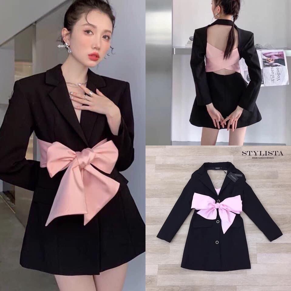 เดรสสูทเเขนยาว มีผ้าผูกโบว์ด้านหน้า กระดุมด้านหน้า ใส่สวยเซ็กซี่ด้านหลังเบาๆ ดูดี เหมือนเซเลปเลยค่ะ สวยเปะเวอร์ สินค้าคุณภาพ (พร้อมส่ง)