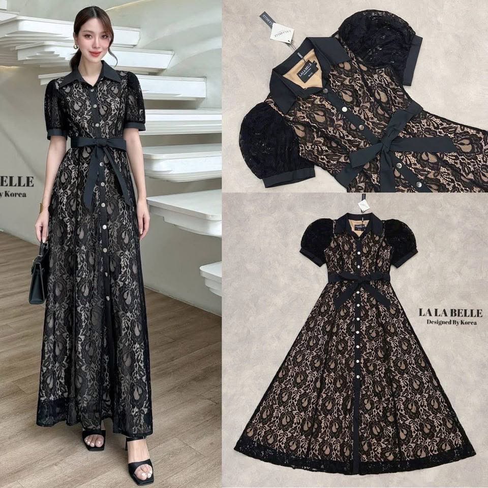 แม็กกี้ซี่เดรสลูกไม้ลายดอกไม้คอปกกระดุมหน้ายาวแขนสั้นตุ๊กตาเสริมผ้าให้ไหล่ยกเข้ารูปเข้าทรงยาว+เชือกผูกโบว์ช่วงเอวจะผูกโบว์ด้านหน้าหรือด้านหลังก็ได้กระโปรงยาวใช้ผ้าเยอะ ใส่สบาย : สินค้าคุณภาพ (พร้อมส่ง)