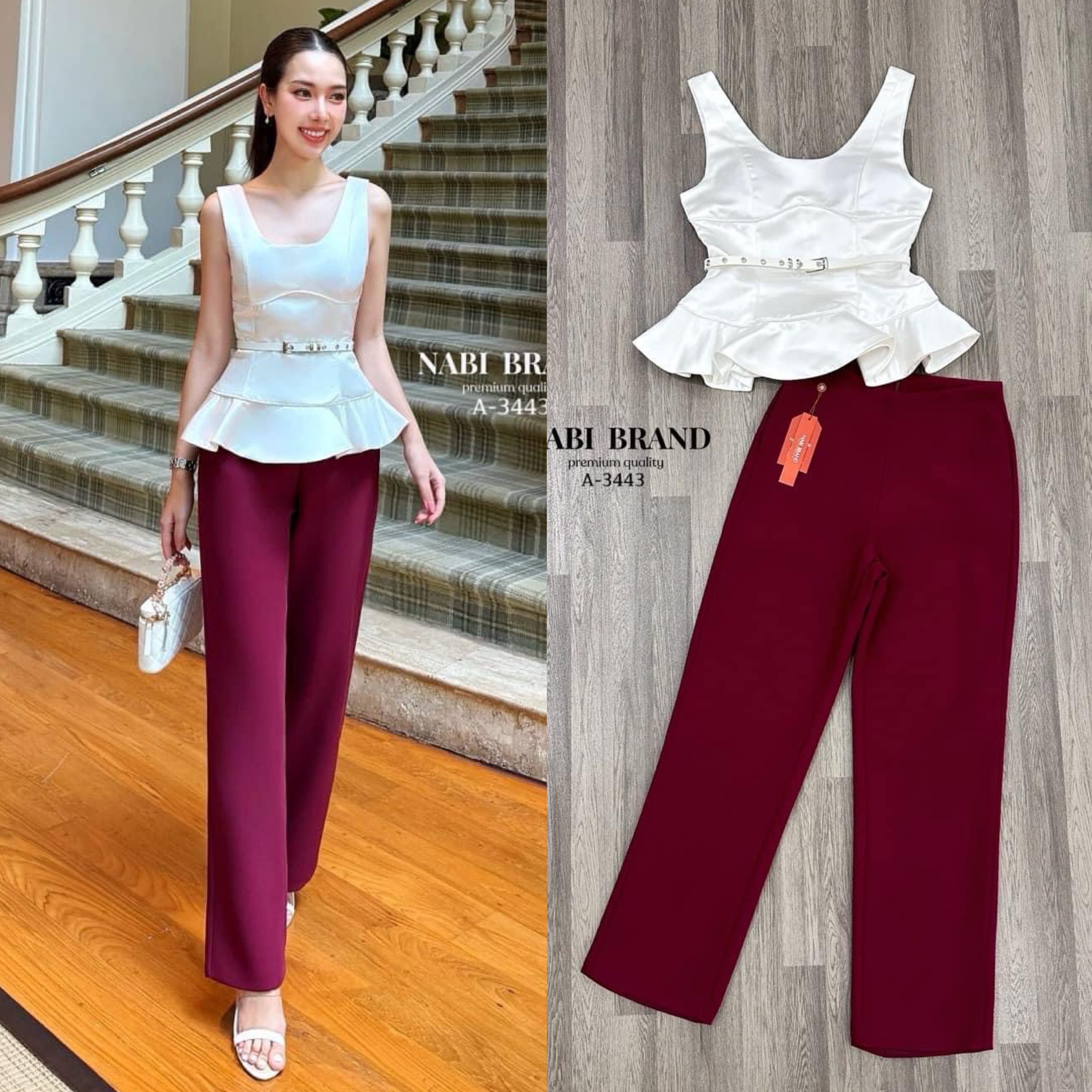 ชุดSet เสื้อแขนกุดทรงบาน งานซิบหลัง ช่วงอกเสริมฟองน้ำ มาคู่กับ กางเกงขายาว ทรงกระบอก มาคู่กับเข็มขัดด้วยนะคะ ใส่สบาย : สินค้าคุณภาพ (พร้อมส่ง)