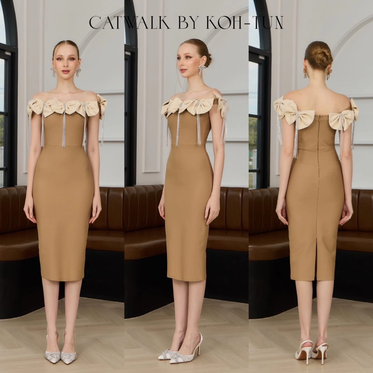 เดรสแต่งโบว์+สร้อยเพชร ตัวชุดเป็นผ้ายืดเนื้อหนาเก็บทรงสวย เพิ่มความหรูหราด้วยโบว์รอบไหล่ แต่งด้วยสร้อยเพชรตรงกลางโบว์ย้อยระย้าสวยมาก ใส่สบาย : สินค้าคุณภาพ (พร้อมส่ง)