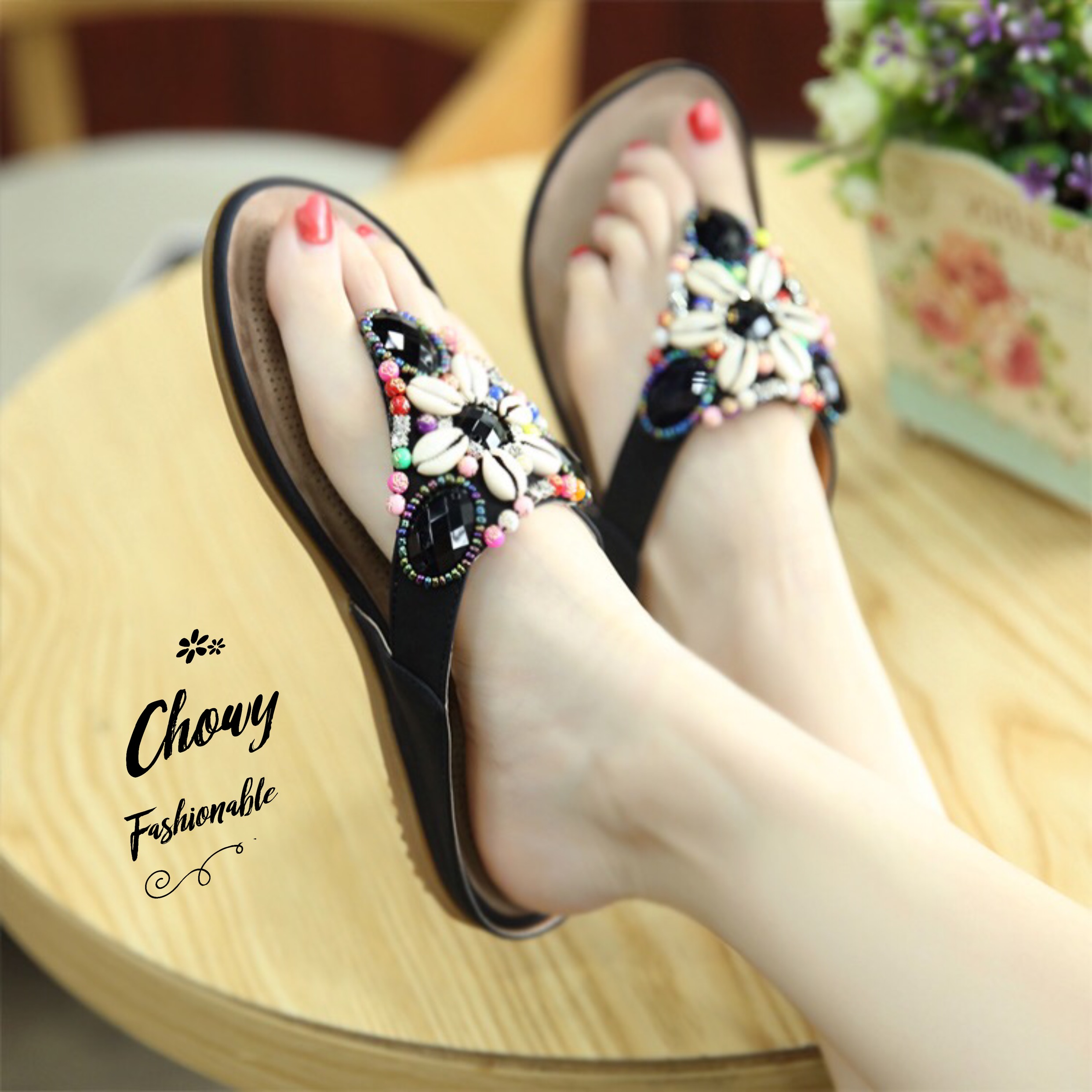 รองเท้าไซส์ใหญ่ 43-45 รองเท้าแตะคีบ Rainbow Magic Pearl Bohemien CHOWY KR0770BL