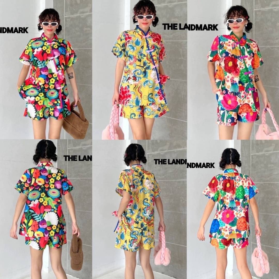 ชุดกี่เพ้า ชุดเซ็ทผ้าคอลตอลลินินอินเดีย ดีไซน์คอจีนป้ายข้าง กระดุมผ้า กุ๊นขอบ กางเกงเอวสม็อค มีกระเป๋าล้วง . สินค้าคุณภาพ (พร้อมส่ง)