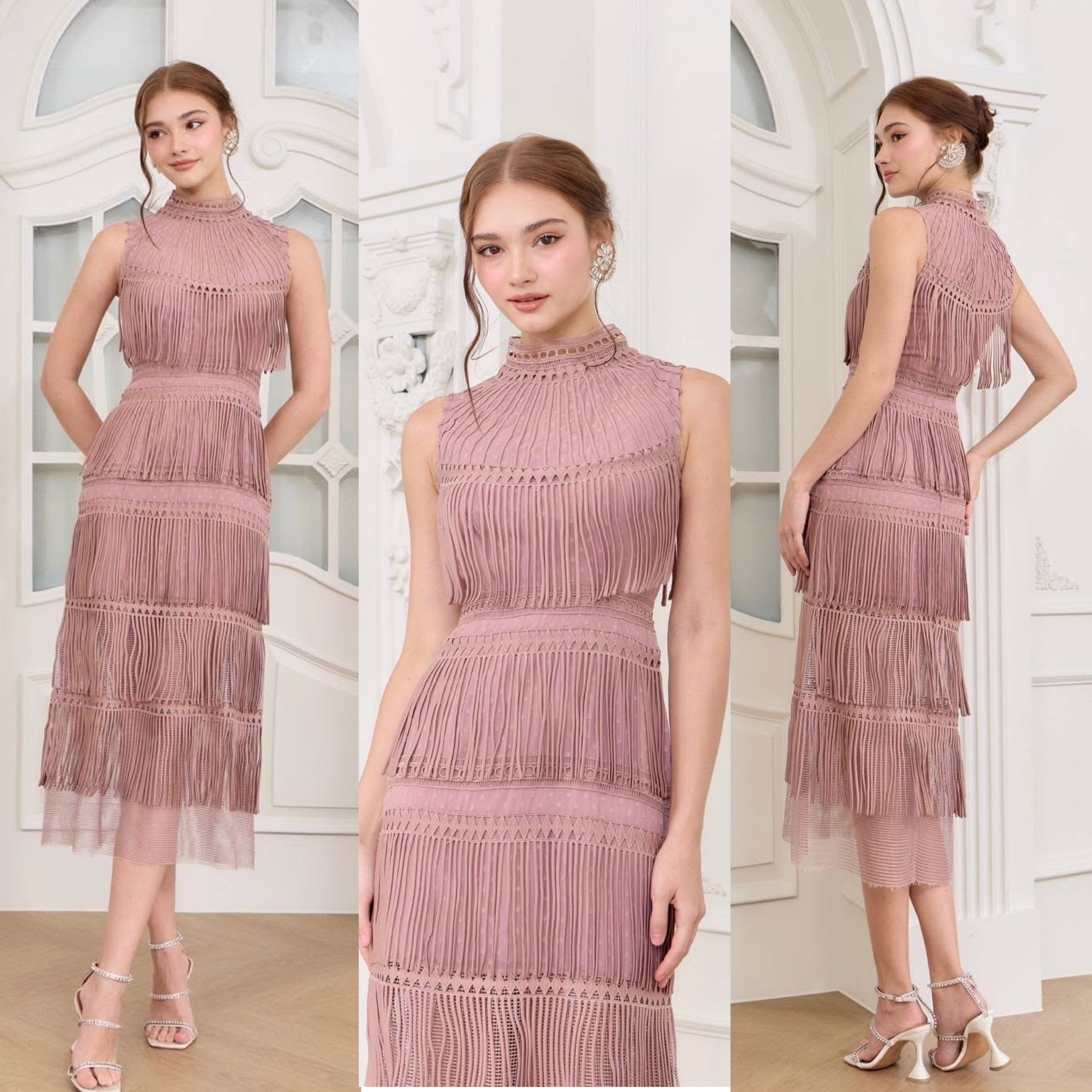 แม็กซี่เดรสผ้าลูกไม้ทอพู่รอบตัว เนื้อผ้าสั่งทอพิเศษ ตัวเดรสเป็นทรงเข้ารูป ใส่สบาย : สินค้าคุณภาพ (พร้อมส่ง)