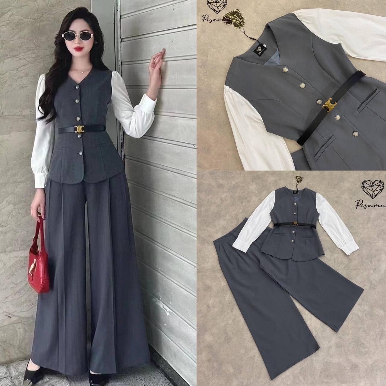 เซ็ตเสื้อทูโทนแขนผ้าขาวเทามา คู่กับกางเกงขายาวขากระบอกพร้อมเข็มขัด อะไหล่ทองเข้าเซ็ต ใส่สบาย สินค้าคุณภาพ (พร้อมส่ง)