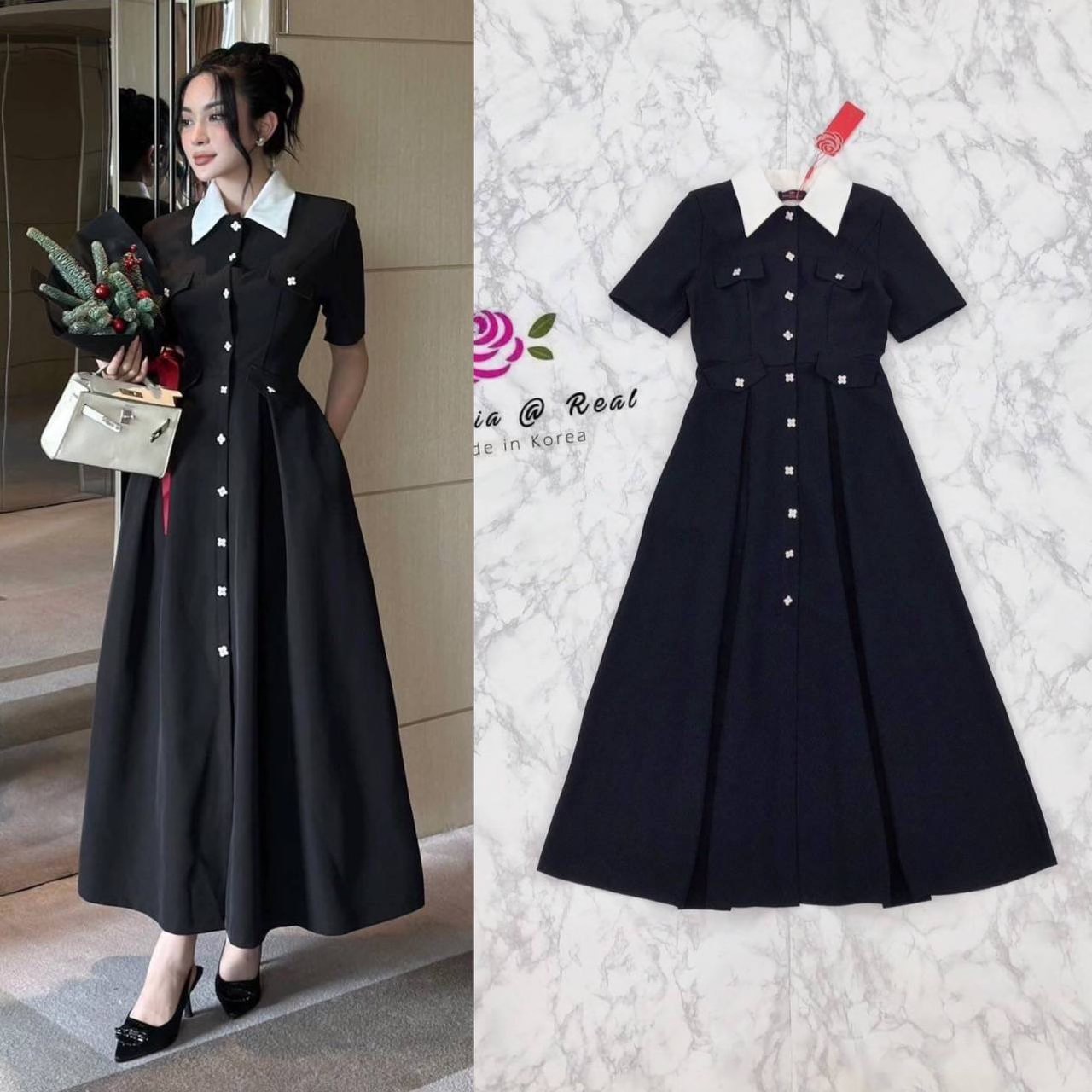 เดรสยาวตัวสวยทรงเก๋ บอกเลยว่างานน่ารักสุดๆ แต่งปกขาวเก๋ไก๋มี กิมมิคแต่งกระดุมดอกไม้เรียงเป็นแนวสวย เอวเข้ารูป ใส่สบาย สินค้าคุณภาพ (พร้อมส่ง)