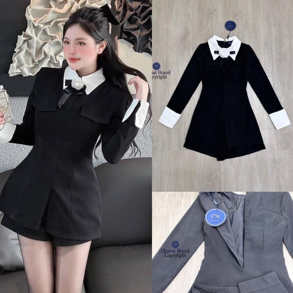 เซต2ชิ้น สีดำ เสื้อตัวยาวคอปกแขนยาว ช่วงปกและชายแขนสีขาว และแต่งอะไหล่เข็มกลัด +กางเกงขาสั้นเอวสูง : สินค้าคุณภาพ (พร้อมส่ง)