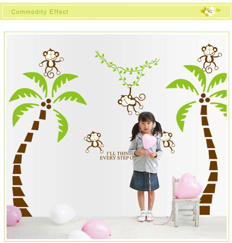 สติกเกอร์แต่งห้อง DIY ลายลิงปีนต้นมะพร้าว แผ่นใหญ่ ลอกออกแล้วติดซ้ำได้