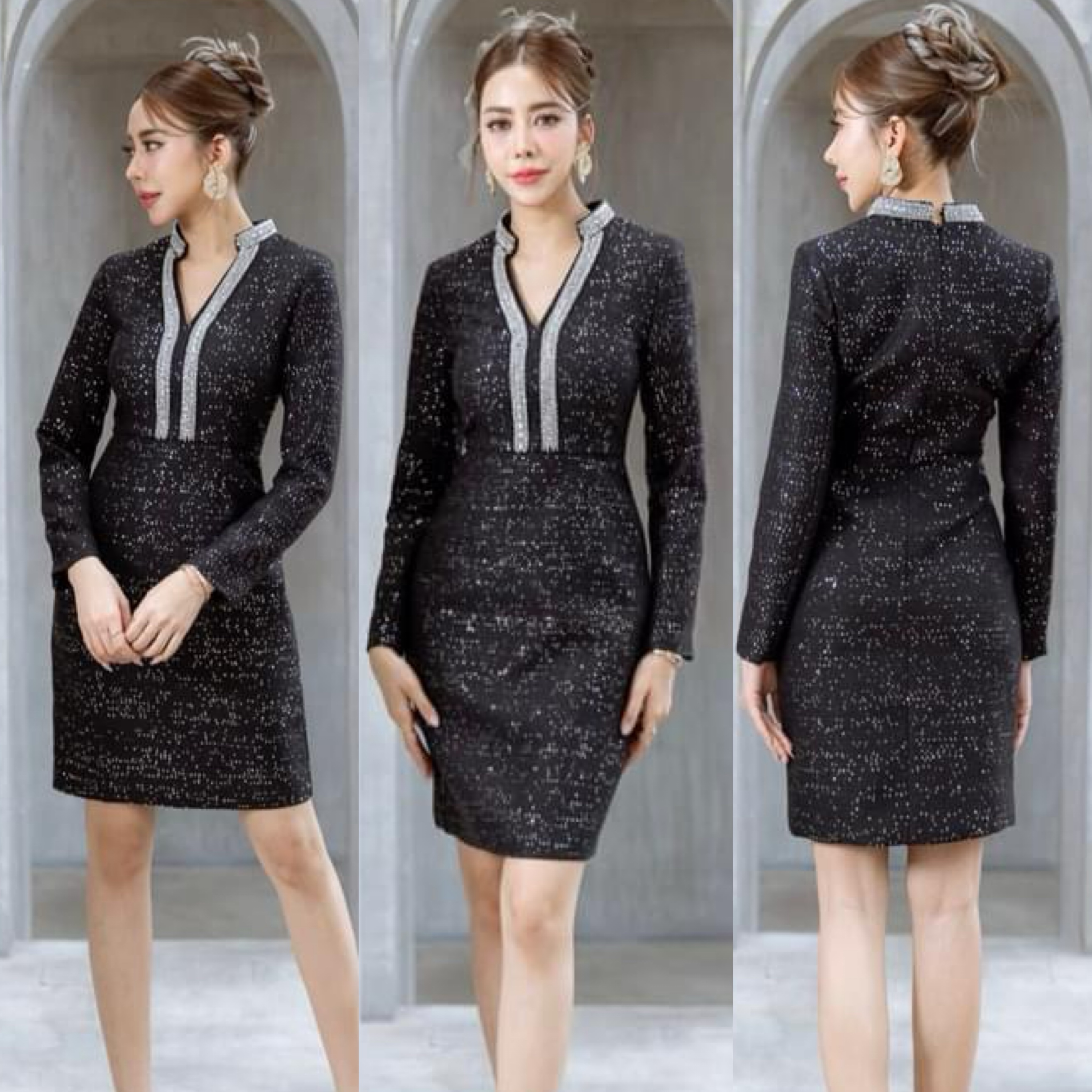 เดรสผ้าทวิต ปักเลื่อมที่เนื้อผ้าทั้งตัว ตัวชุดเป็นทรงเข้ารูป แขน ยาว กระโปรงทรงสอบ ใส่สบาย สินค้าคุณภาพ (พร้อมส่ง)