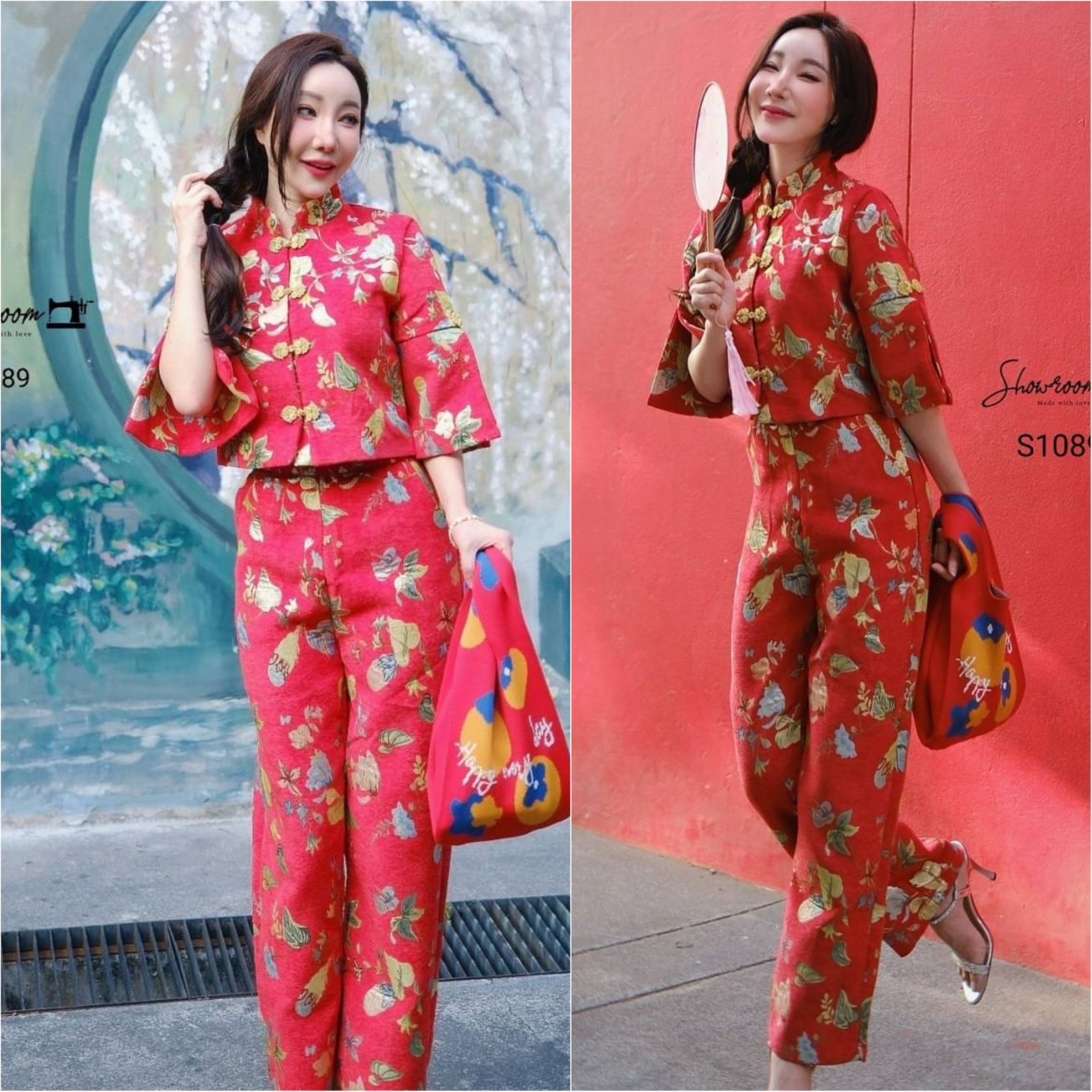 เซ็ตตรุษจีน ดีไซน์โมเดิร์นตามสไตล์ชุดกี่เพ้าเลยค่ะ ตัวเสื้อแขน3ส่วนผ่าสูง คอจีน สวมใส่ง่าย มาพร้อมกางเกงขายาวทรงขากระบอกเข้าเซ็ต ใส่สบาย : สินค้าคุณภาพ (พร้อมส่ง)